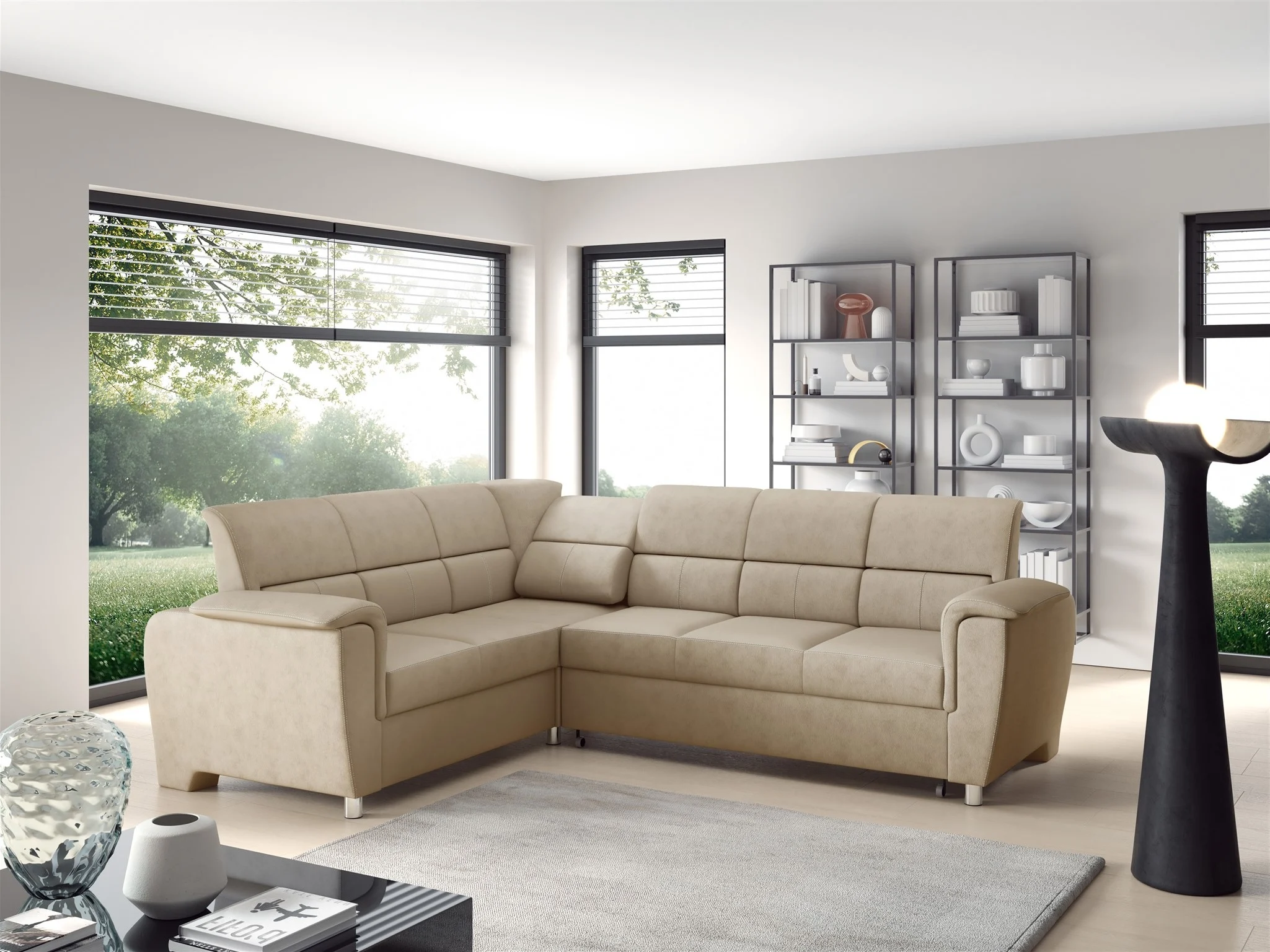 Ecksofa Schlafsofa Sofa SALVADOR Stoff Texas Beige Kurze Schenkel Links - Fun Möbel