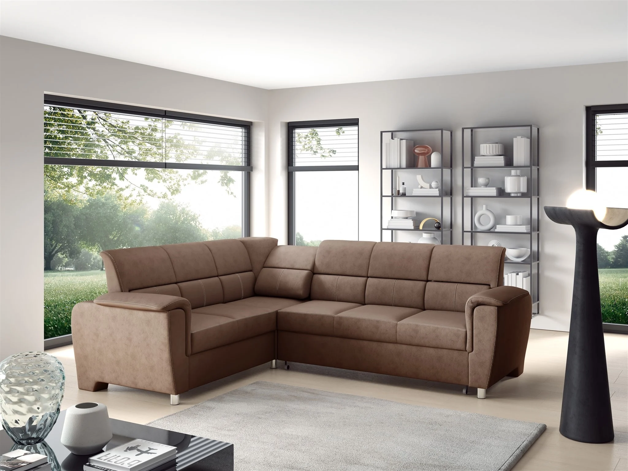 Ecksofa Schlafsofa Sofa SALVADOR Stoff Texas Hellbraun Kurze Schenkel Links - Fun Möbel