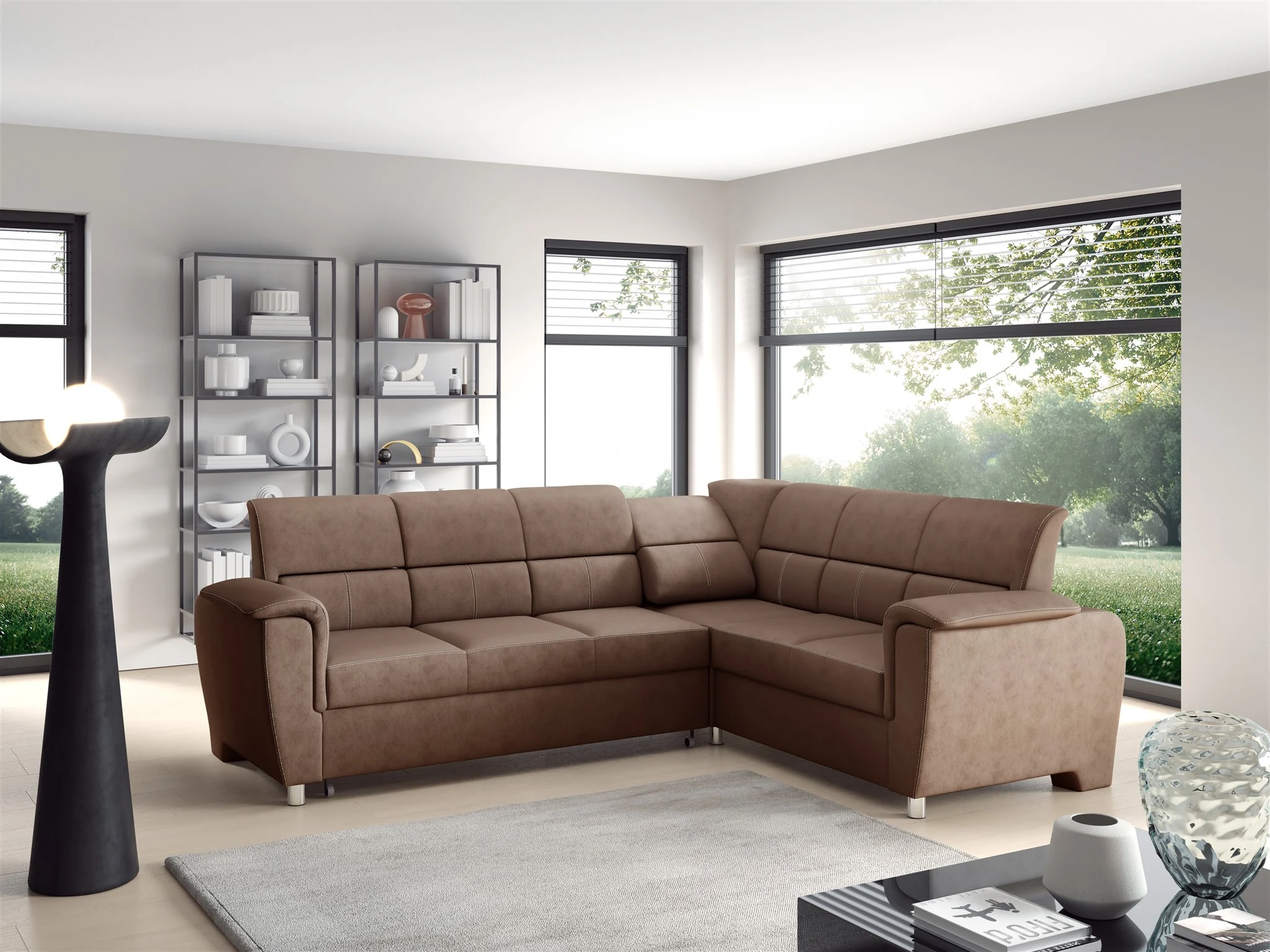 Ecksofa Schlafsofa Sofa SALVADOR Stoff Texas Hellbraun Kurze Schenkel Rechts - Fun Möbel