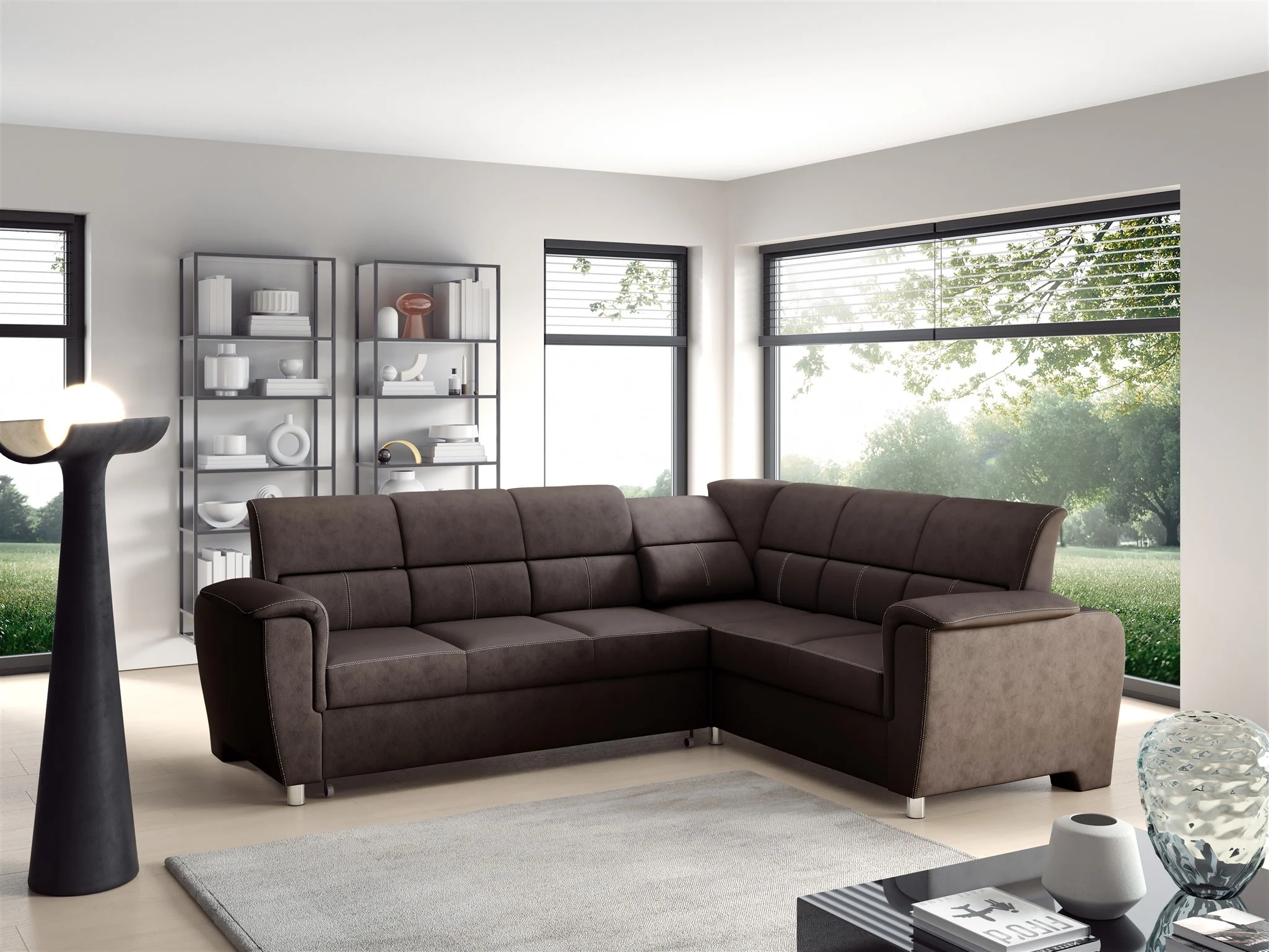 Ecksofa Schlafsofa Sofa SALVADOR Stoff Texas Braun Kurze Schenkel Rechts - Fun Möbel