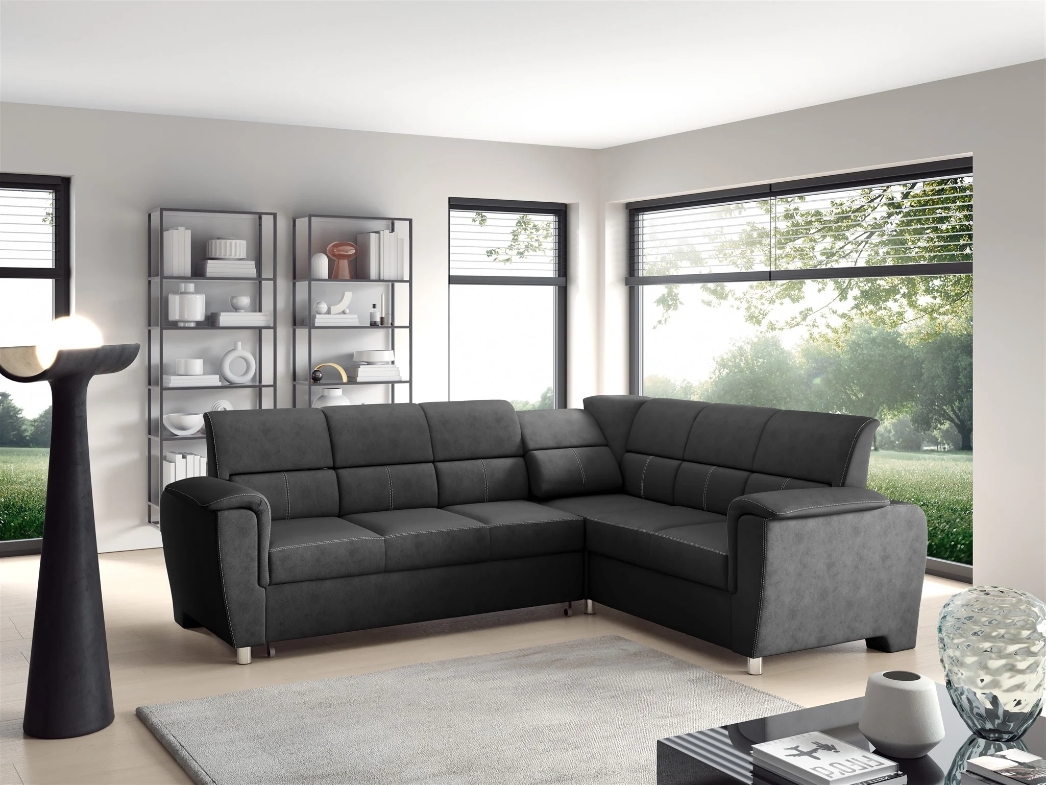Ecksofa Schlafsofa Sofa SALVADOR Stoff Texas Anthrazit Kurze Schenkel Rechts - Fun Möbel