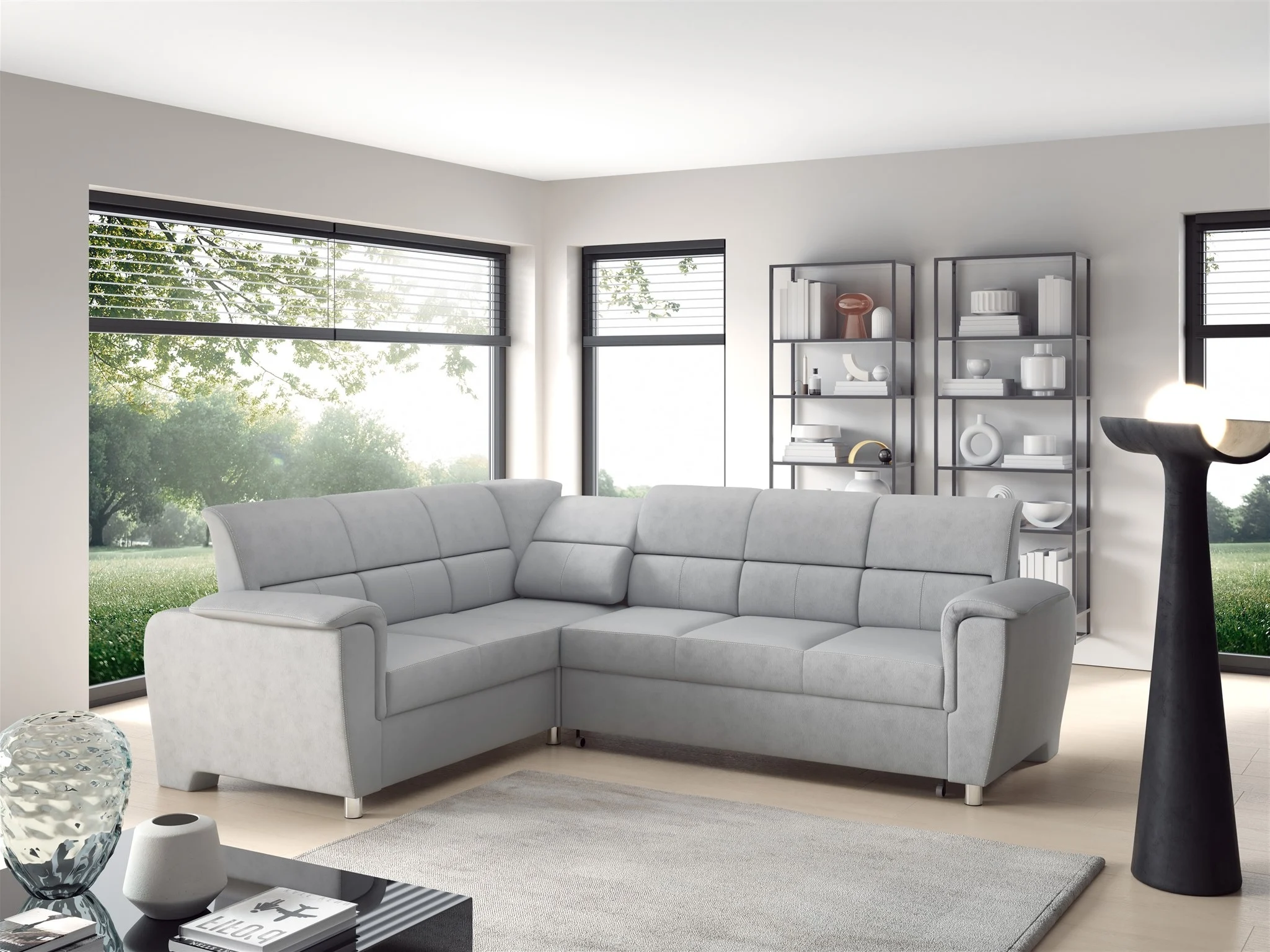 Ecksofa Schlafsofa Sofa SALVADOR Stoff Texas Hellgrau Kurze Schenkel Links - Fun Möbel