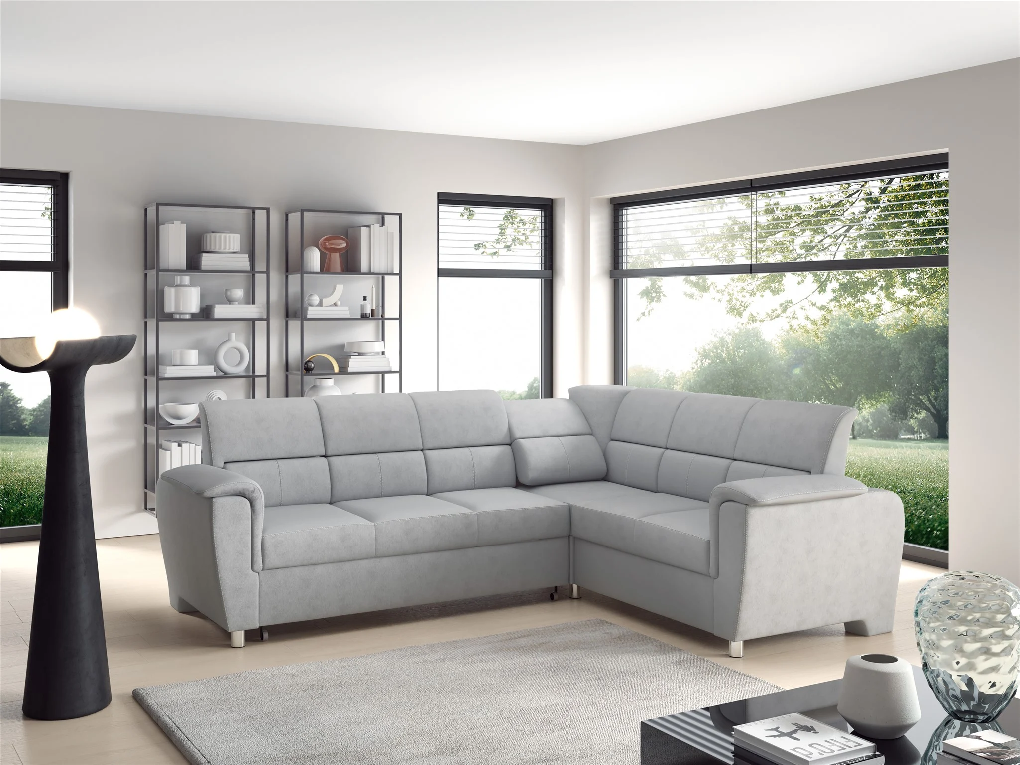 Ecksofa Schlafsofa Sofa SALVADOR Stoff Texas Hellgrau Kurze Schenkel Rechts - Fun Möbel