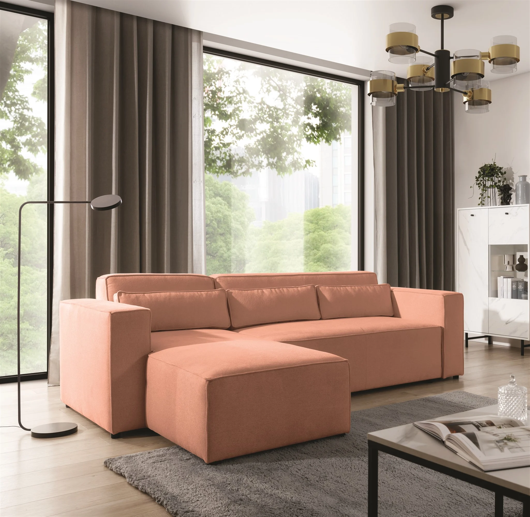 Ecksofa Schlafsofa WALDO Stoff Brooklyn Coral Ottomane Links - Fun Möbel