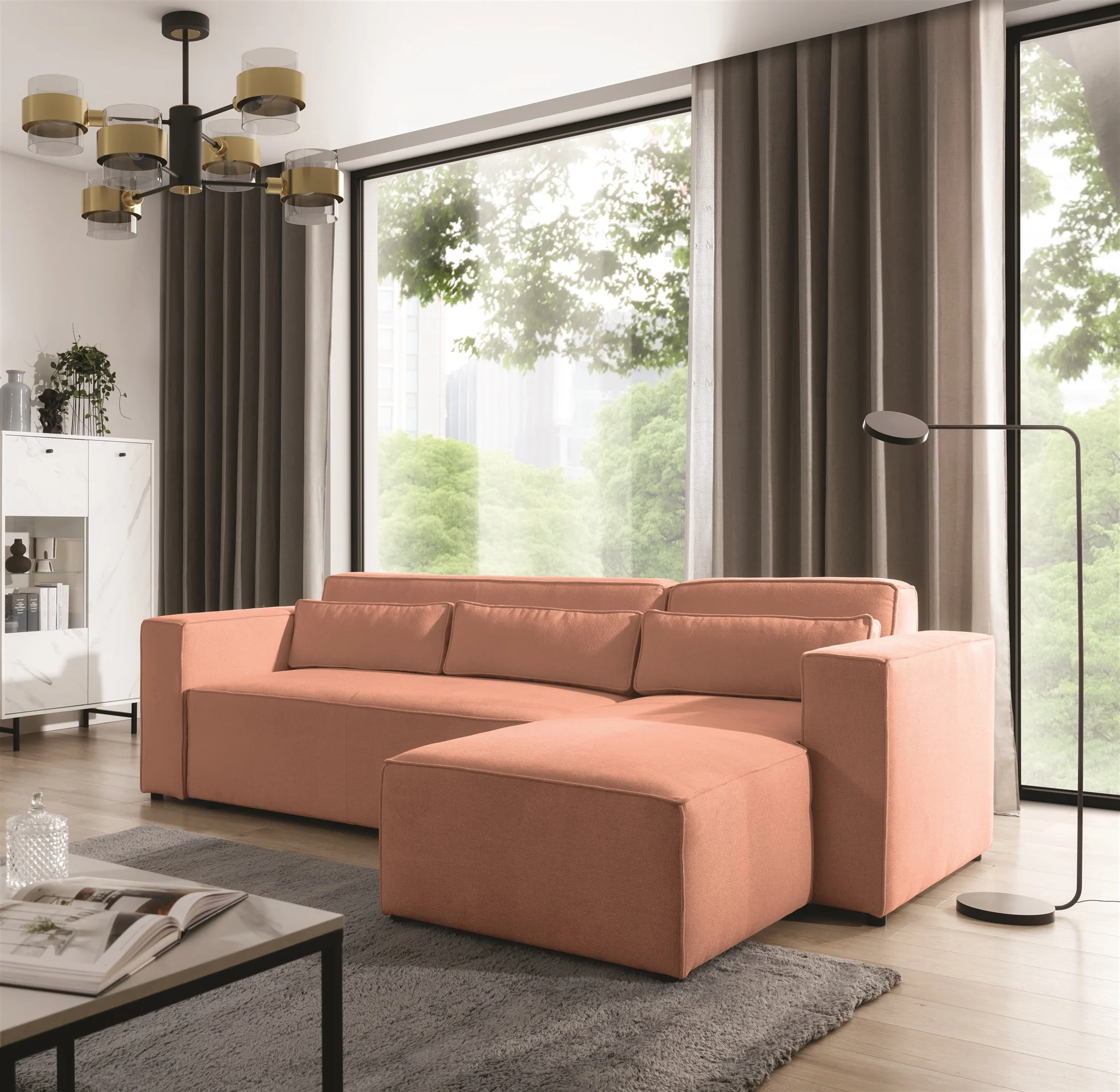 Ecksofa Schlafsofa WALDO Stoff Brooklyn Coral Ottomane Rechts - Fun Möbel