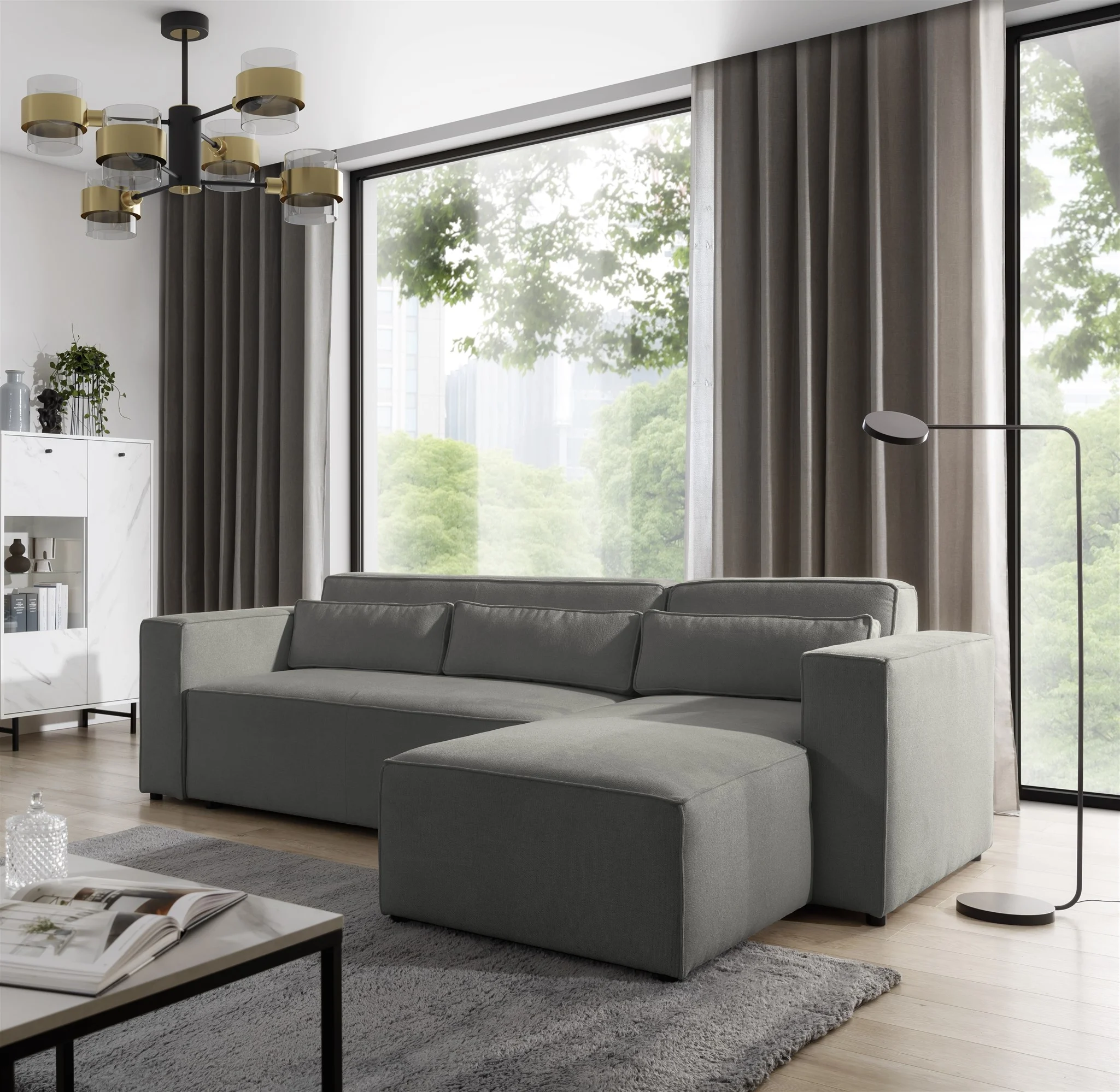 Ecksofa Schlafsofa WALDO Stoff Brooklyn Dunkelgrau Ottomane Rechts - Fun Möbel