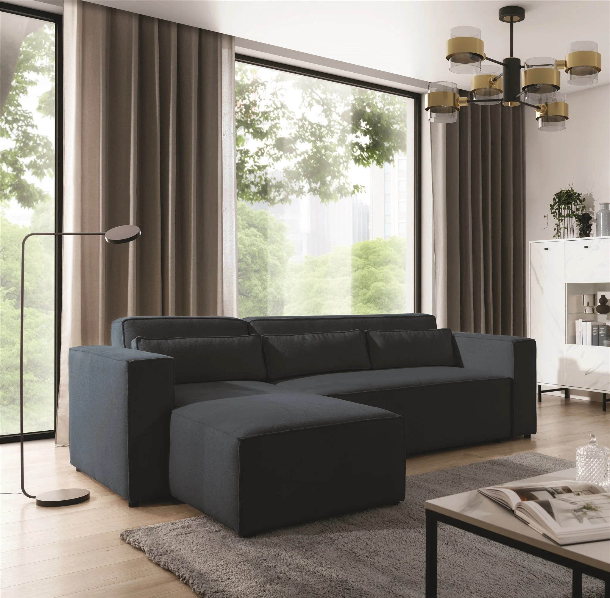 Ecksofa Schlafsofa WALDO Stoff Brooklyn Meeresblau Ottomane Links - Fun Möbel