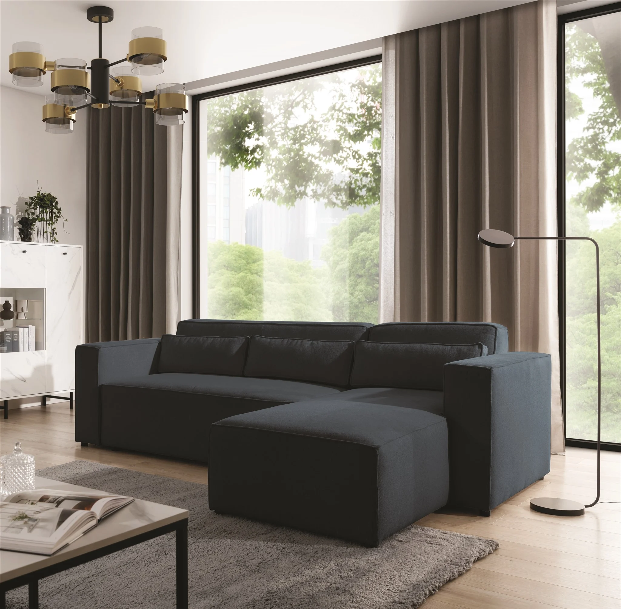 Ecksofa Schlafsofa WALDO Stoff Brooklyn Meeresblau Ottomane Rechts - Fun Möbel