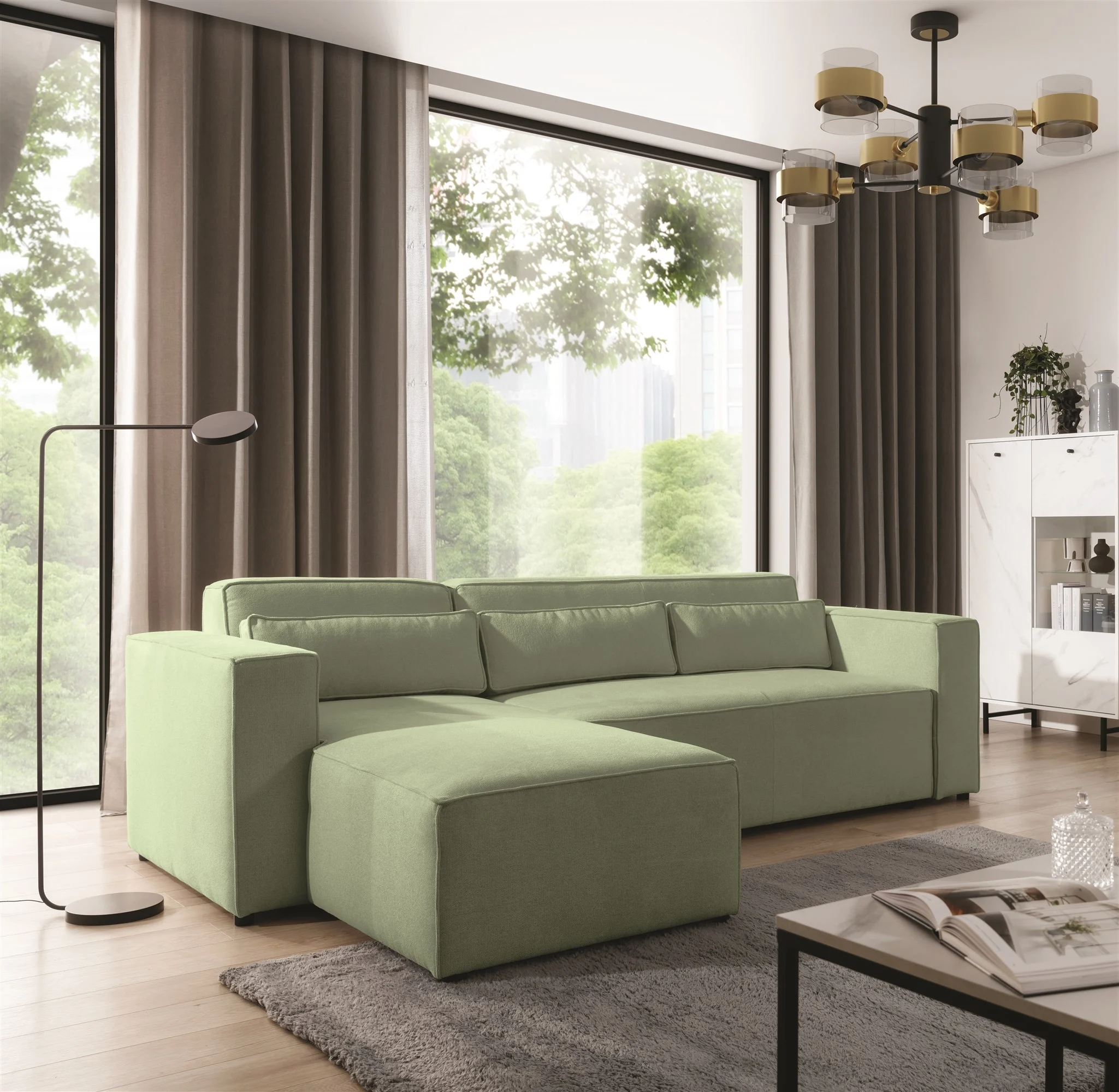 Ecksofa Schlafsofa WALDO Stoff Brooklyn Hellgrün Ottomane Links - Fun Möbel