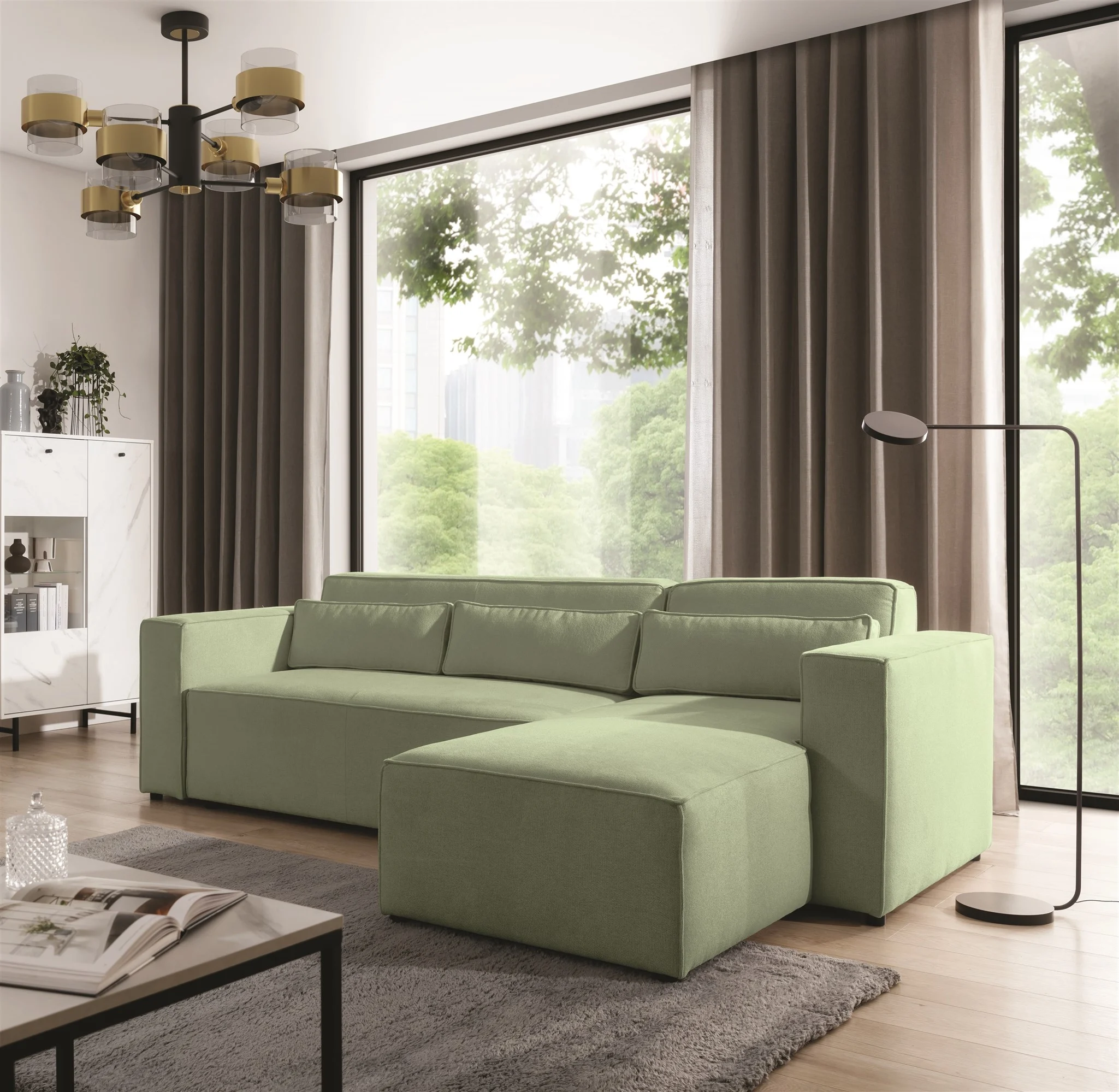 Ecksofa Schlafsofa WALDO Stoff Brooklyn Hellgrün Ottomane Rechts - Fun Möbel