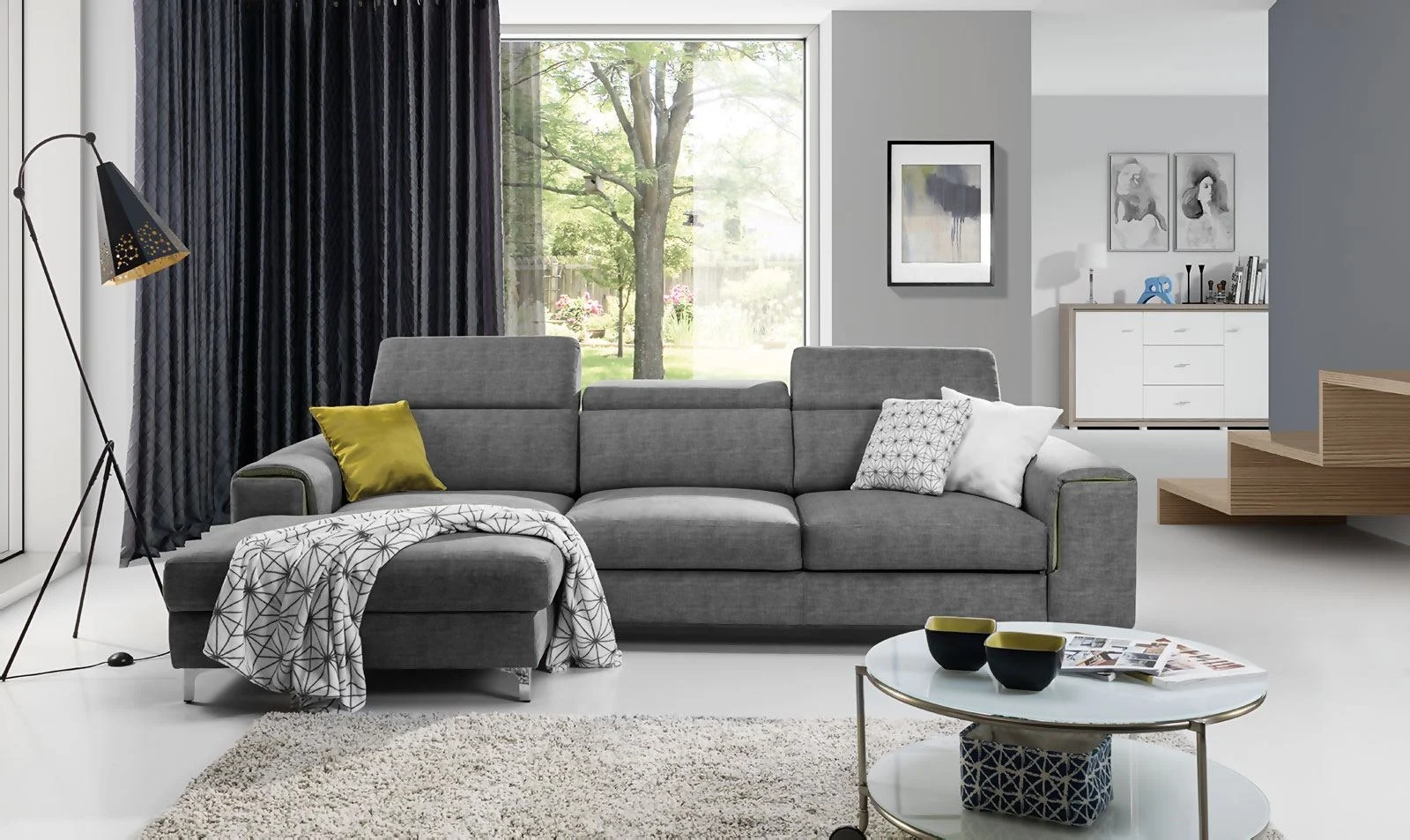 Ecksofa Sofa STELLA mit Schlaffunktion Dunkelgrau Ottomane Links - Fun Moebel