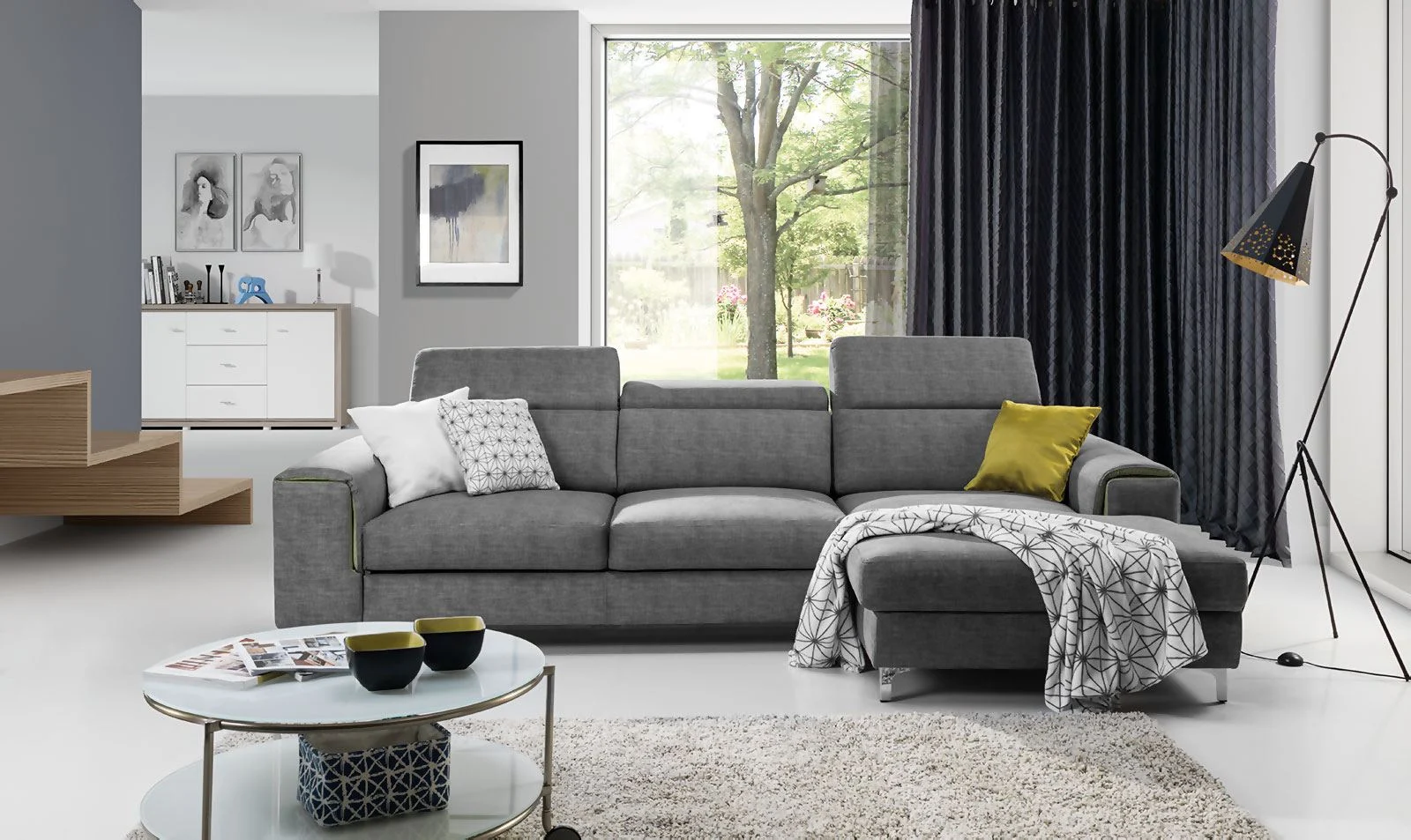 Ecksofa Sofa STELLA mit Schlaffunktion Dunkelgrau Ottomane Rechts - Fun Moebel