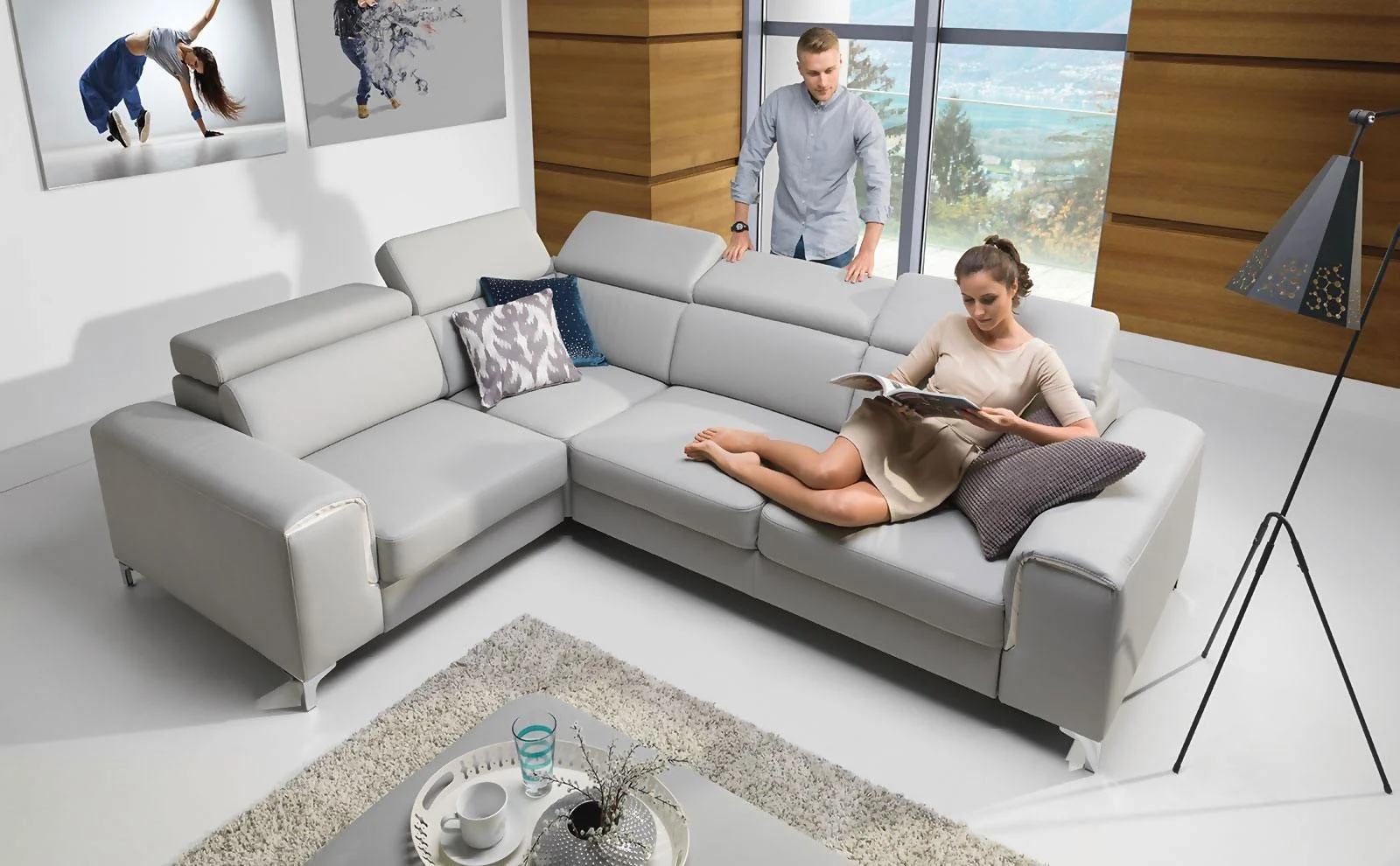 Ecksofa Sofa STELLA L mit Schlaffunktion Hellgrau Ottomane Links - Fun Moebel