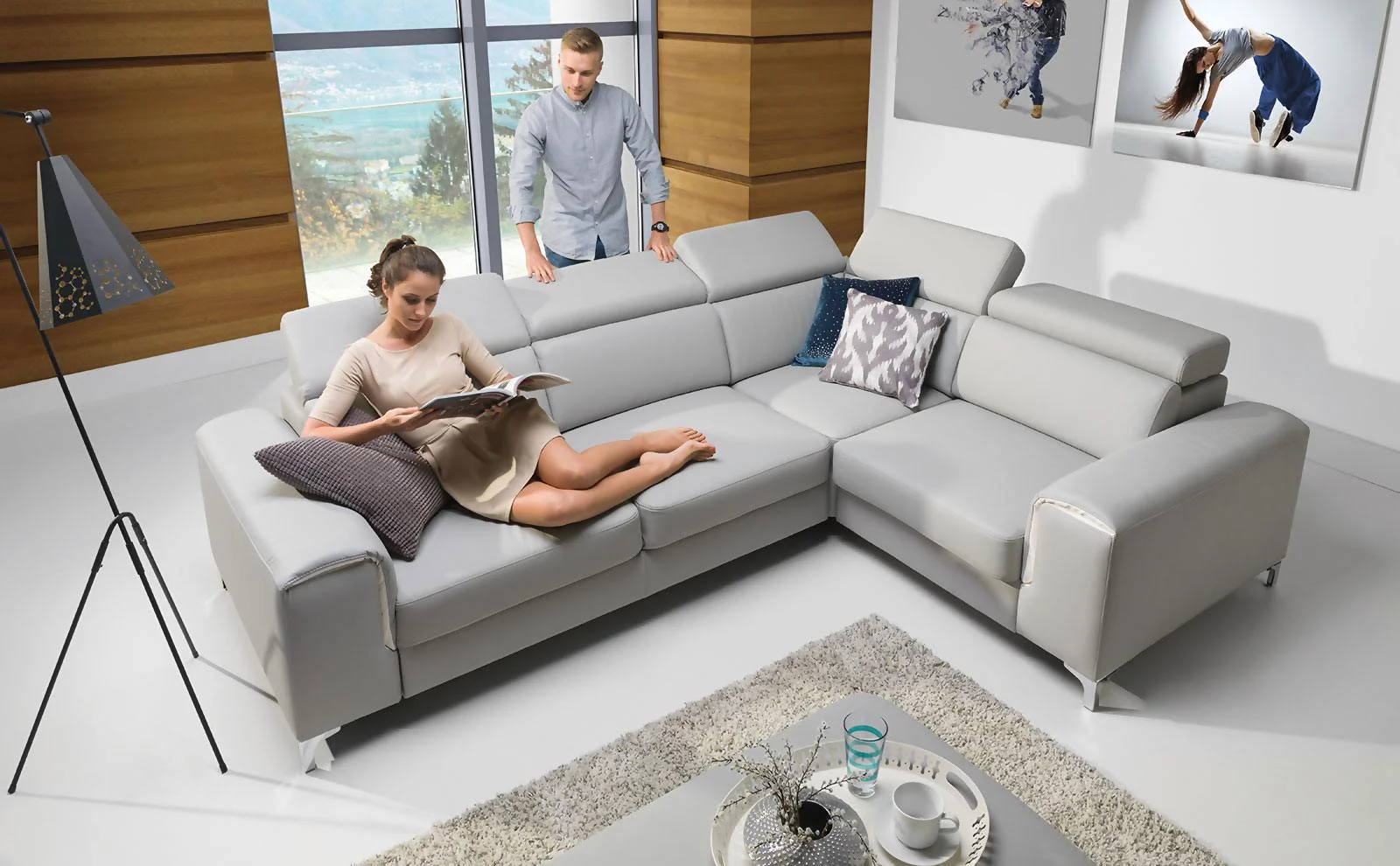 Ecksofa Sofa STELLA L mit Schlaffunktion Hellgrau Ottomane Rechts - Fun Moebel