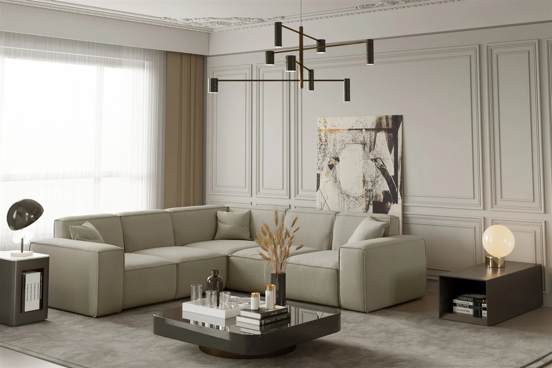 Ecksofa Designersofa CELES in Stoff Opera Velvet Creme Seite Universal - Fun Moebel