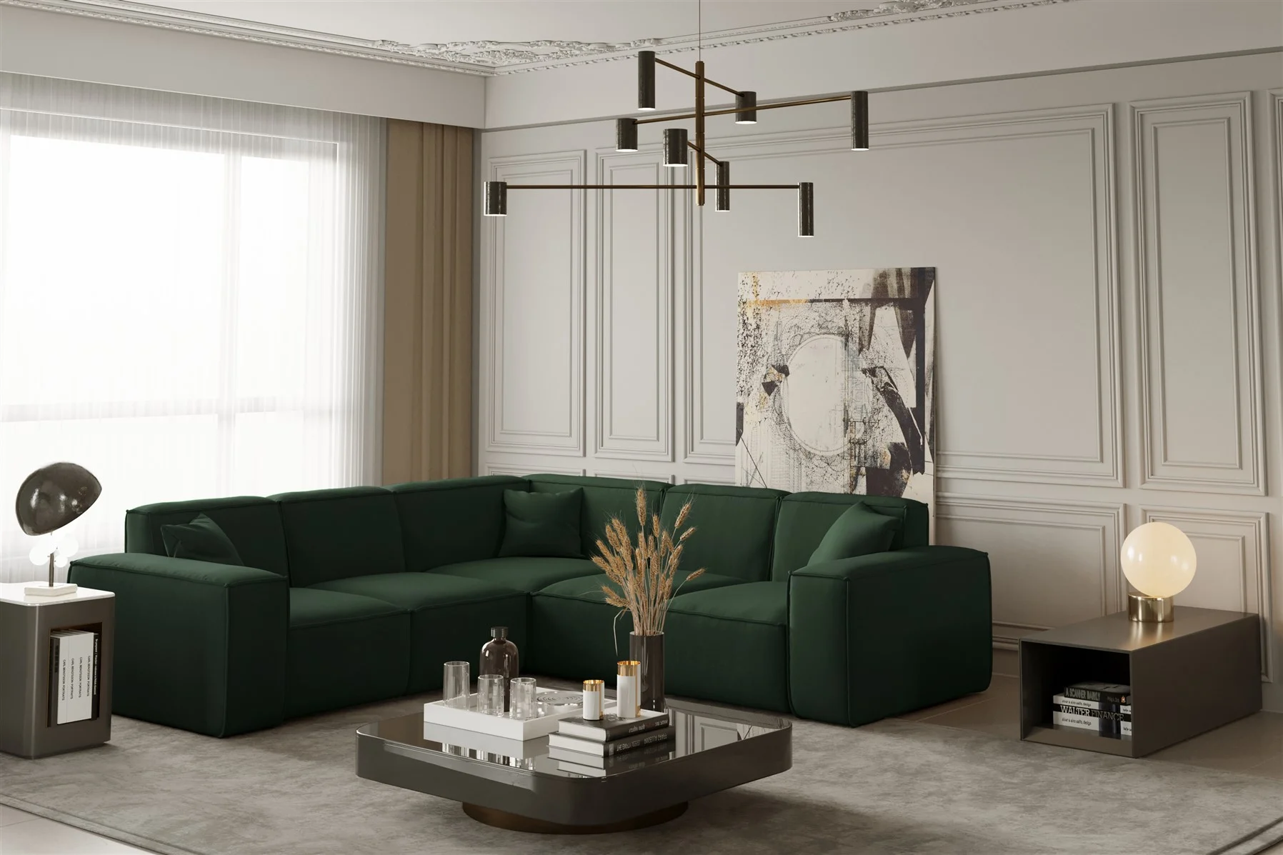 Ecksofa Designersofa CELES in Stoff Opera Velvet Grün Seite Universal - Fun Moebel