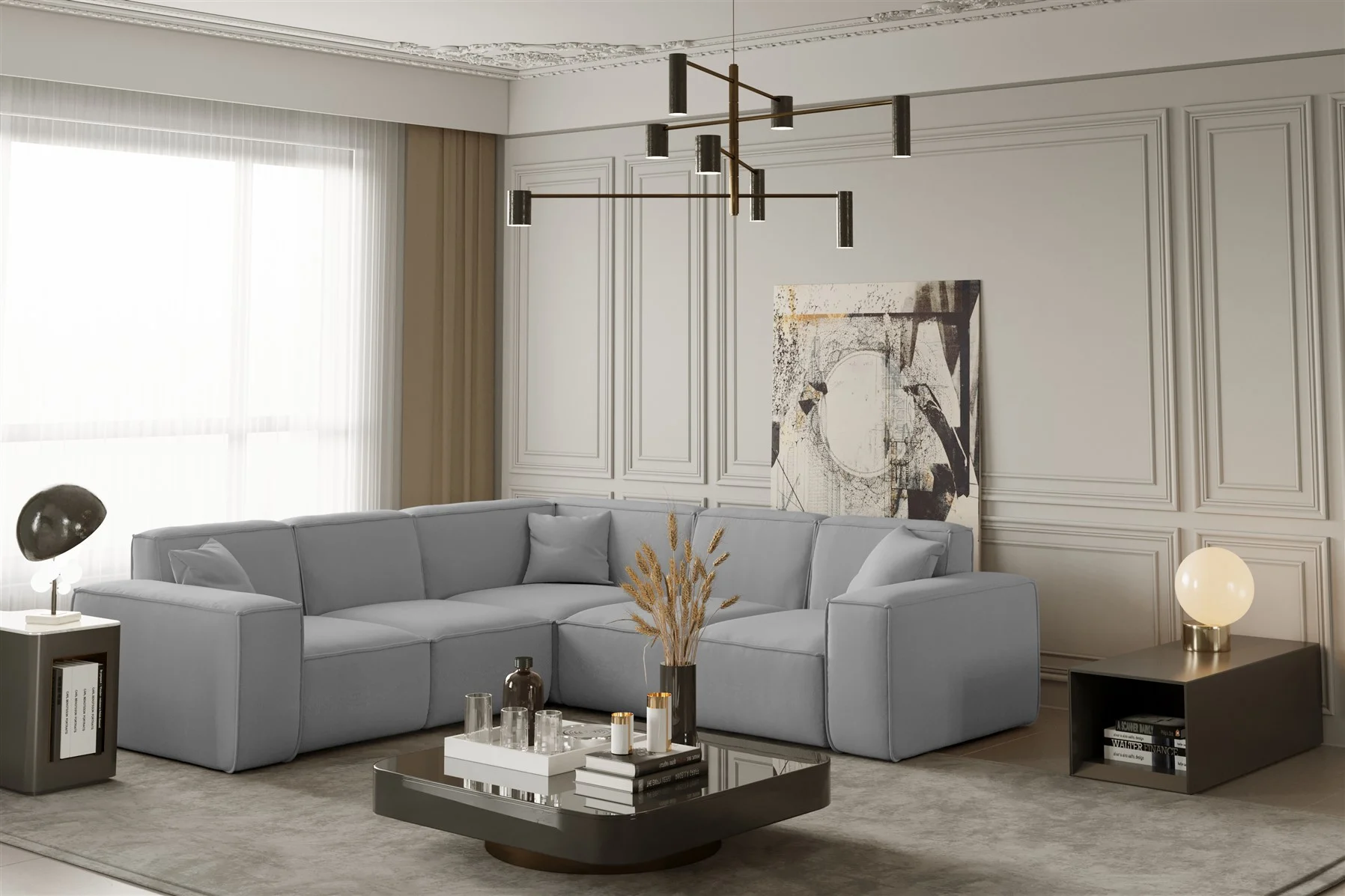 Ecksofa Designersofa CELES in Stoff Opera Velvet Hellgrau Seite Universal - Fun Moebel