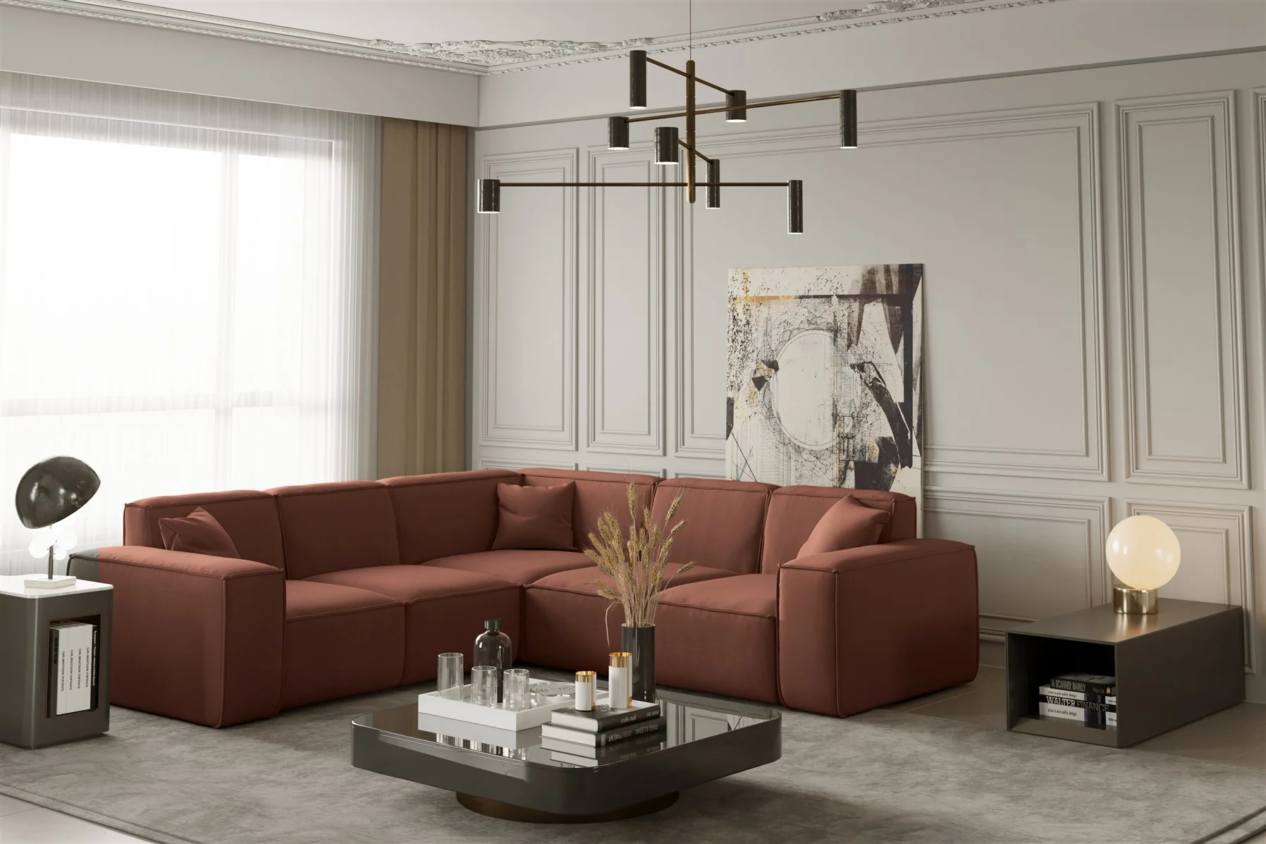 Ecksofa Designersofa CELES in Stoff Opera Velvet Kupferbraun Seite Universal - Fun Moebel