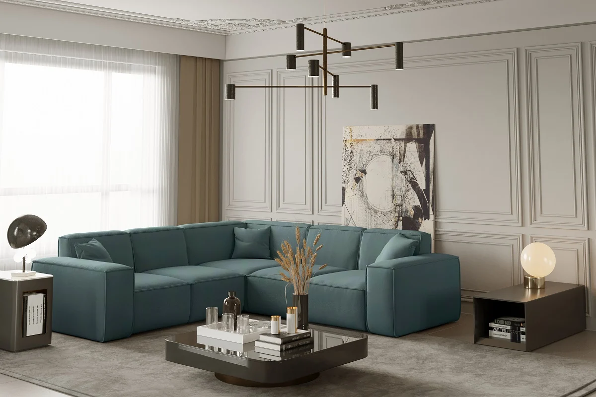 Ecksofa Designersofa CELES in Stoff Opera Velvet Petrol Seite Universal - Fun Moebel