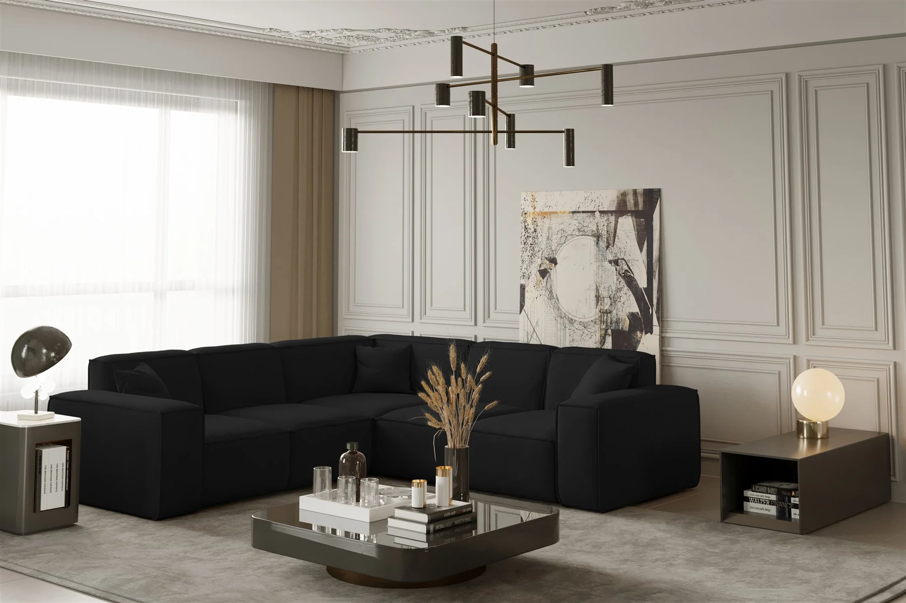 Ecksofa Designersofa CELES in Stoff Opera Velvet Schwarz Seite Universal - Fun Moebel