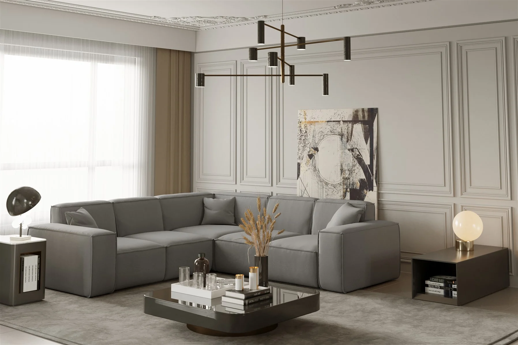 Ecksofa Designersofa CELES in Stoff Opera Velvet Silbergrau Seite Universal - Fun Moebel