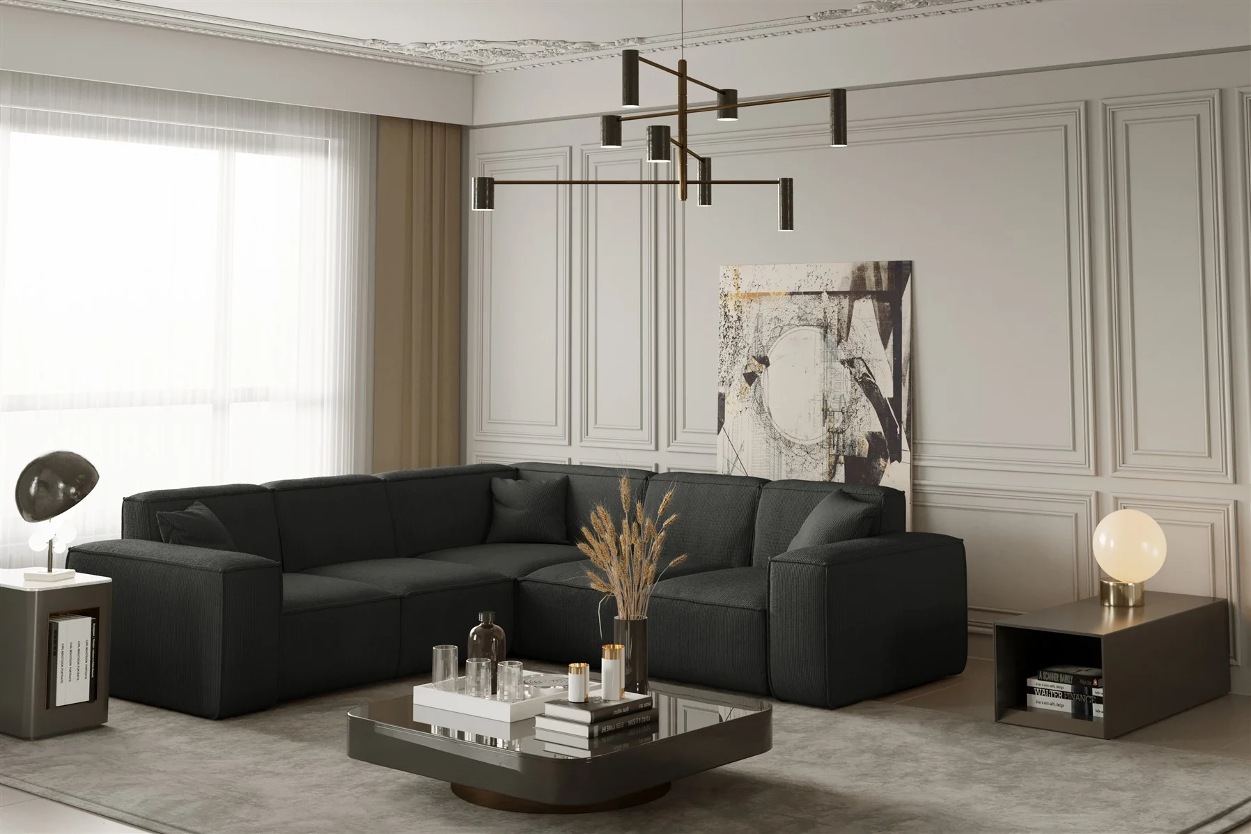Ecksofa Designersofa CELES in Stoff Scala Anthrazit Seite Universal - Fun Moebel
