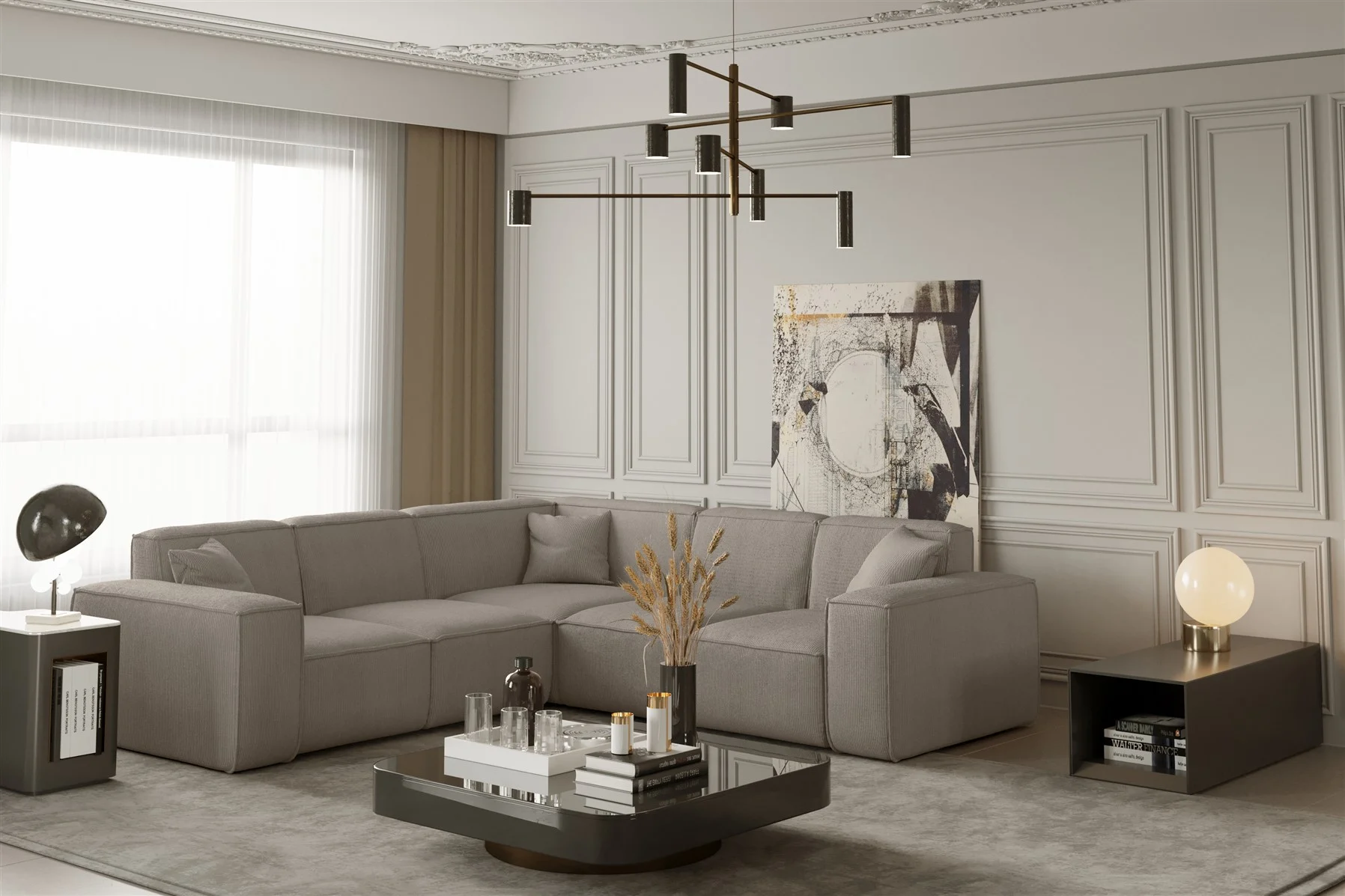Ecksofa Designersofa CELES in Stoff Scala Beige Seite Universal - Fun Moebel