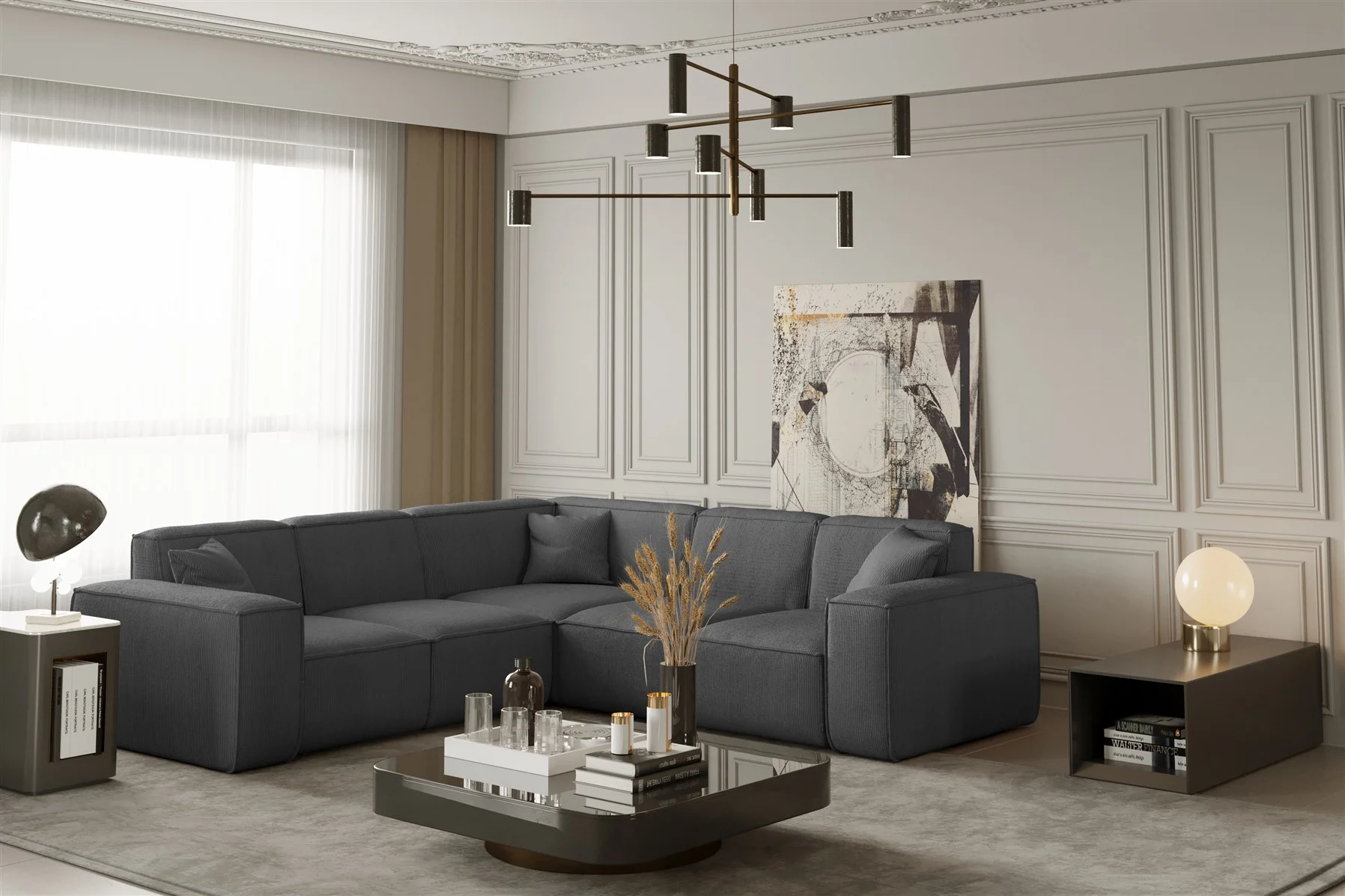 Ecksofa Designersofa CELES in Stoff Scala Grau Seite Universal - Fun Moebel