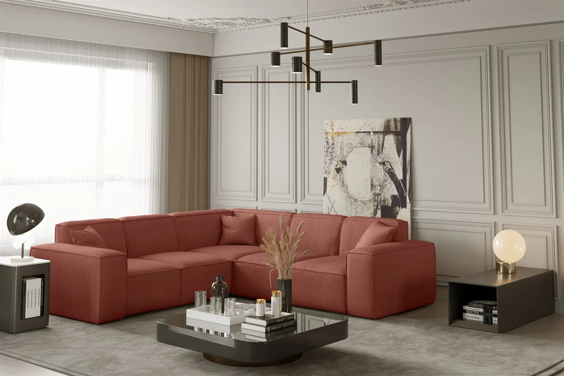 Ecksofa Designersofa CELES in Stoff Scala Koralle Seite Universal - Fun Moebel