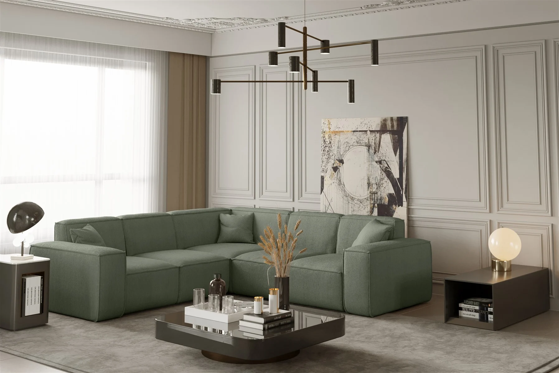 Ecksofa Designersofa CELES in Stoff Scala Olivgrün Seite Universal - Fun Moebel