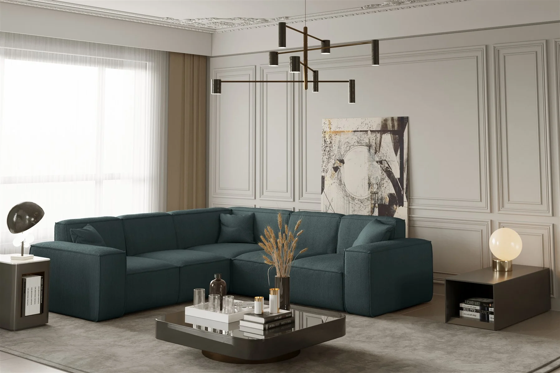 Ecksofa Designersofa CELES in Stoff Scala Petrol Seite Universal - Fun Moebel