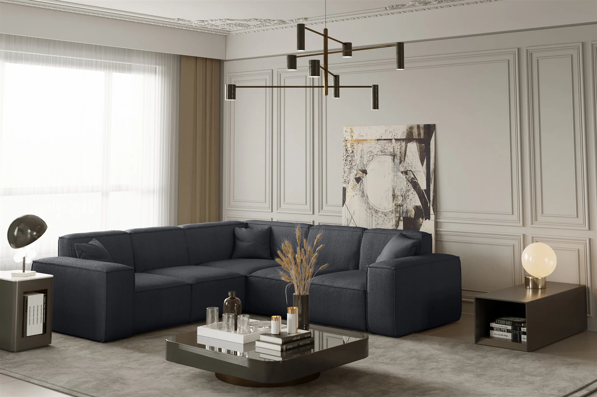 Ecksofa Designersofa CELES in Stoff Scala Schwarz Seite Universal - Fun Moebel