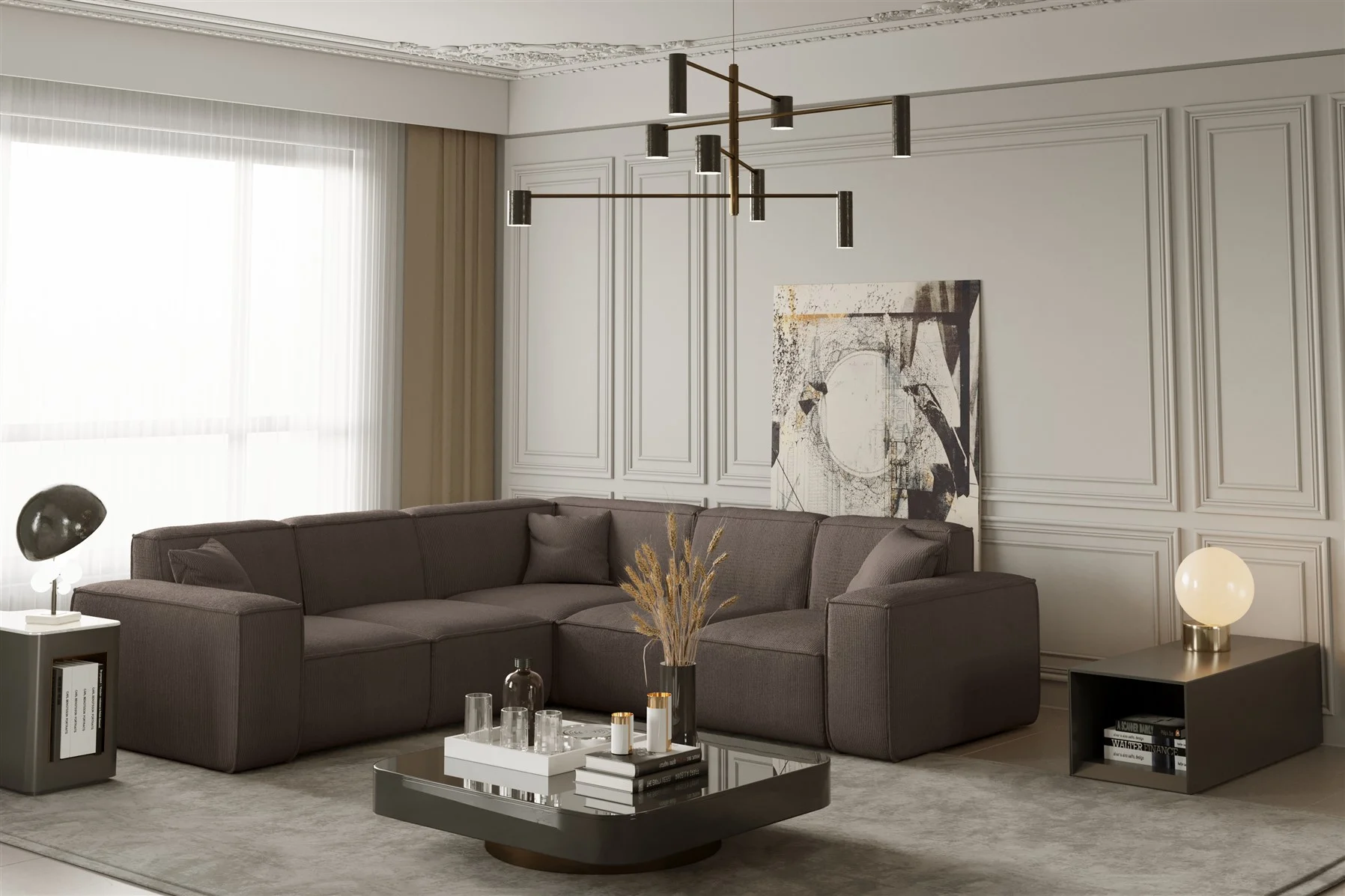 Ecksofa Designersofa CELES in Stoff Scala Taupe Seite Universal - Fun Moebel