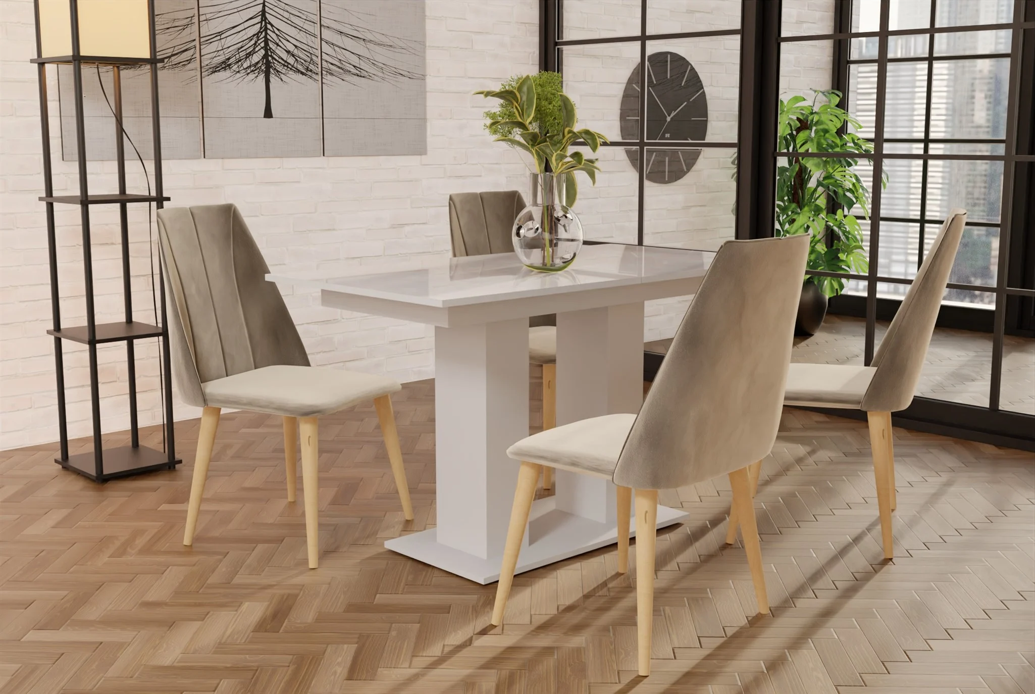 Essgruppe Weiss HGL-Tisch mit 4 Creme CAROS Stühlen für Esszimmer oder Küche