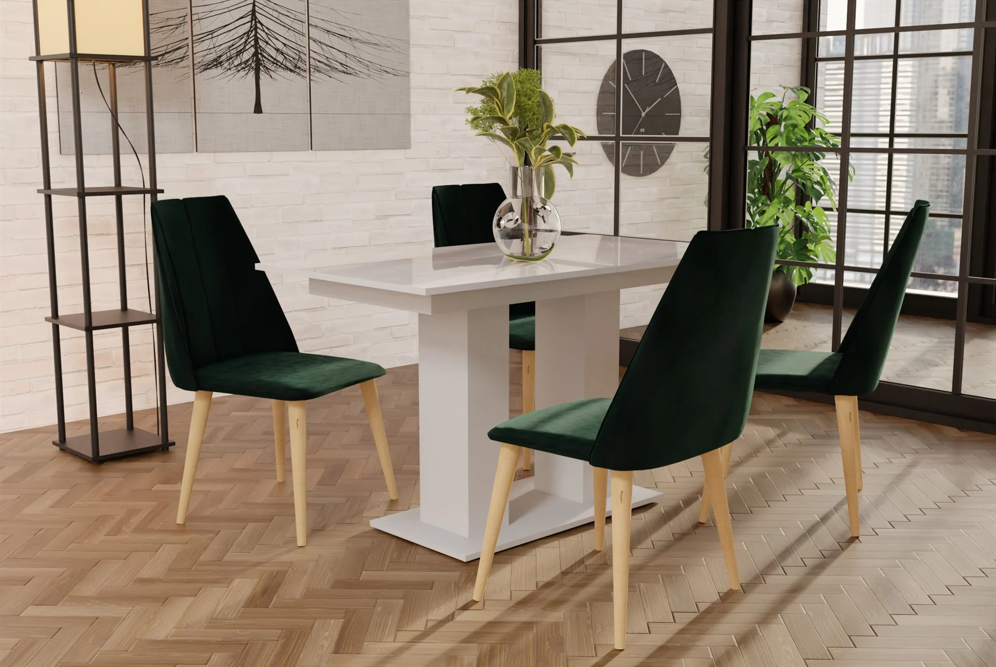 Essgruppe Weiss HGL-Tisch mit 4 Grün CAROS Stühlen für Esszimmer oder Küche