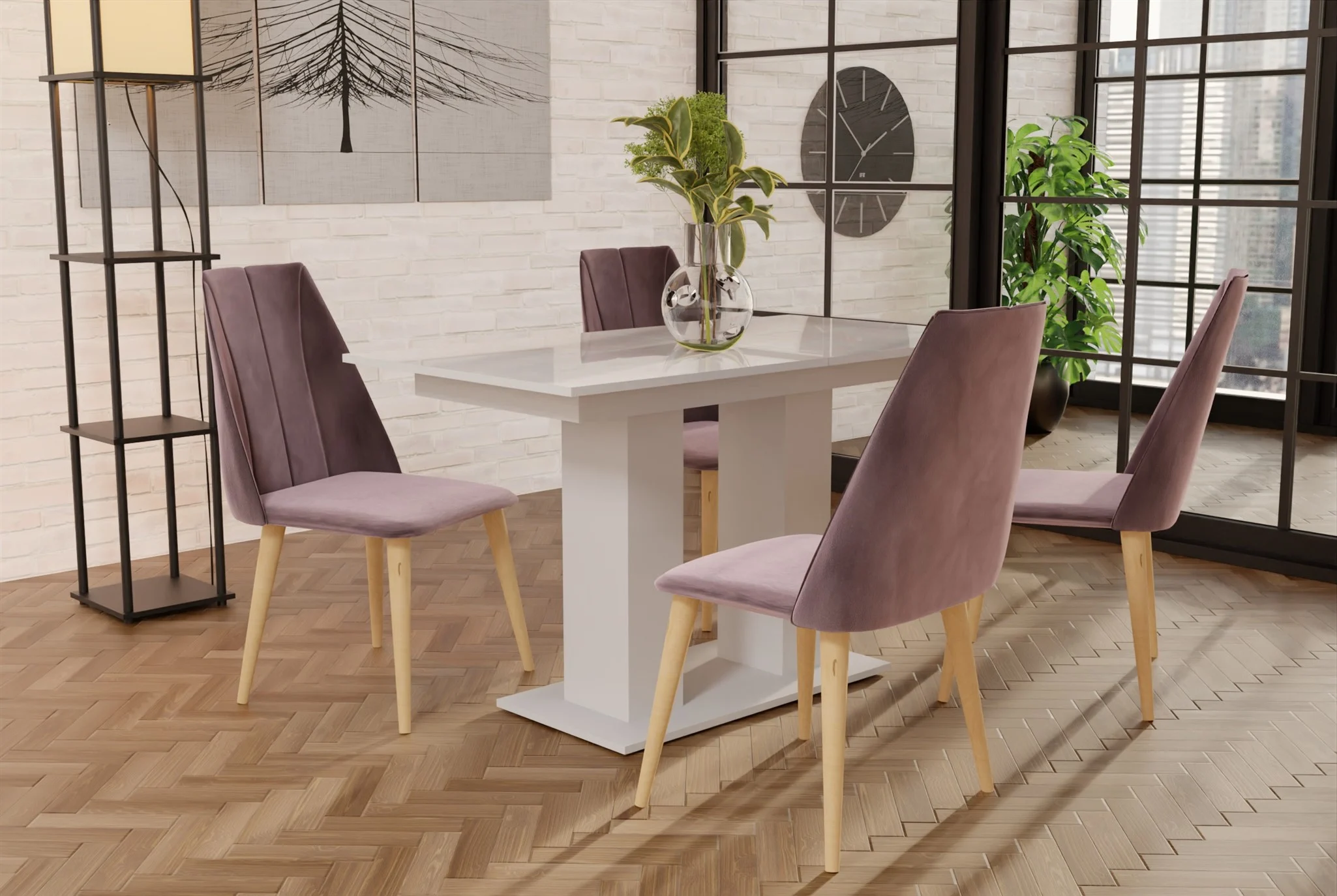 Essgruppe Weiss HGL-Tisch mit 4 Flieder CAROS Stühlen für Esszimmer oder Küche