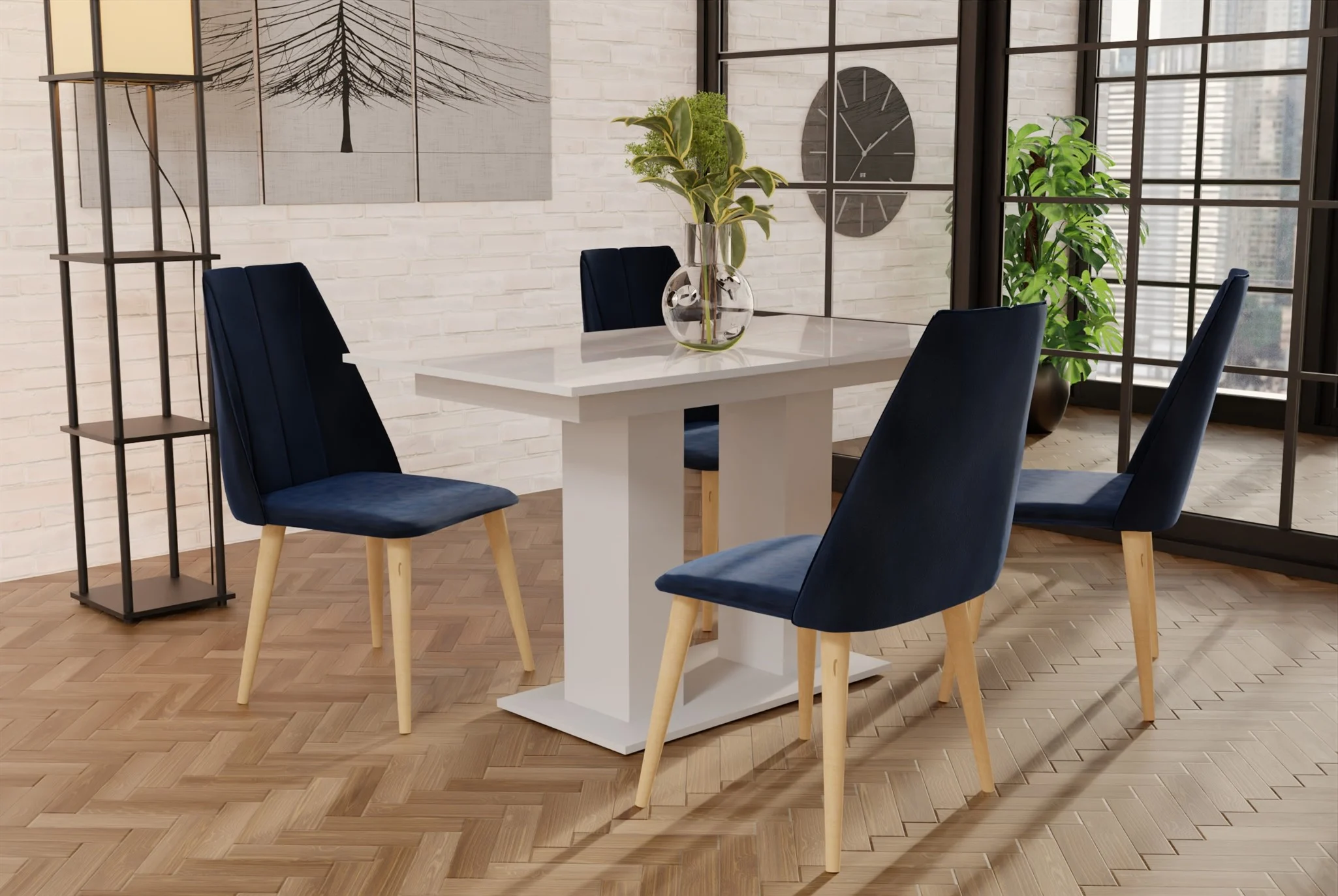 Essgruppe Weiss HGL-Tisch mit 4 Dunkelblau CAROS Stühlen für Esszimmer oder Küche