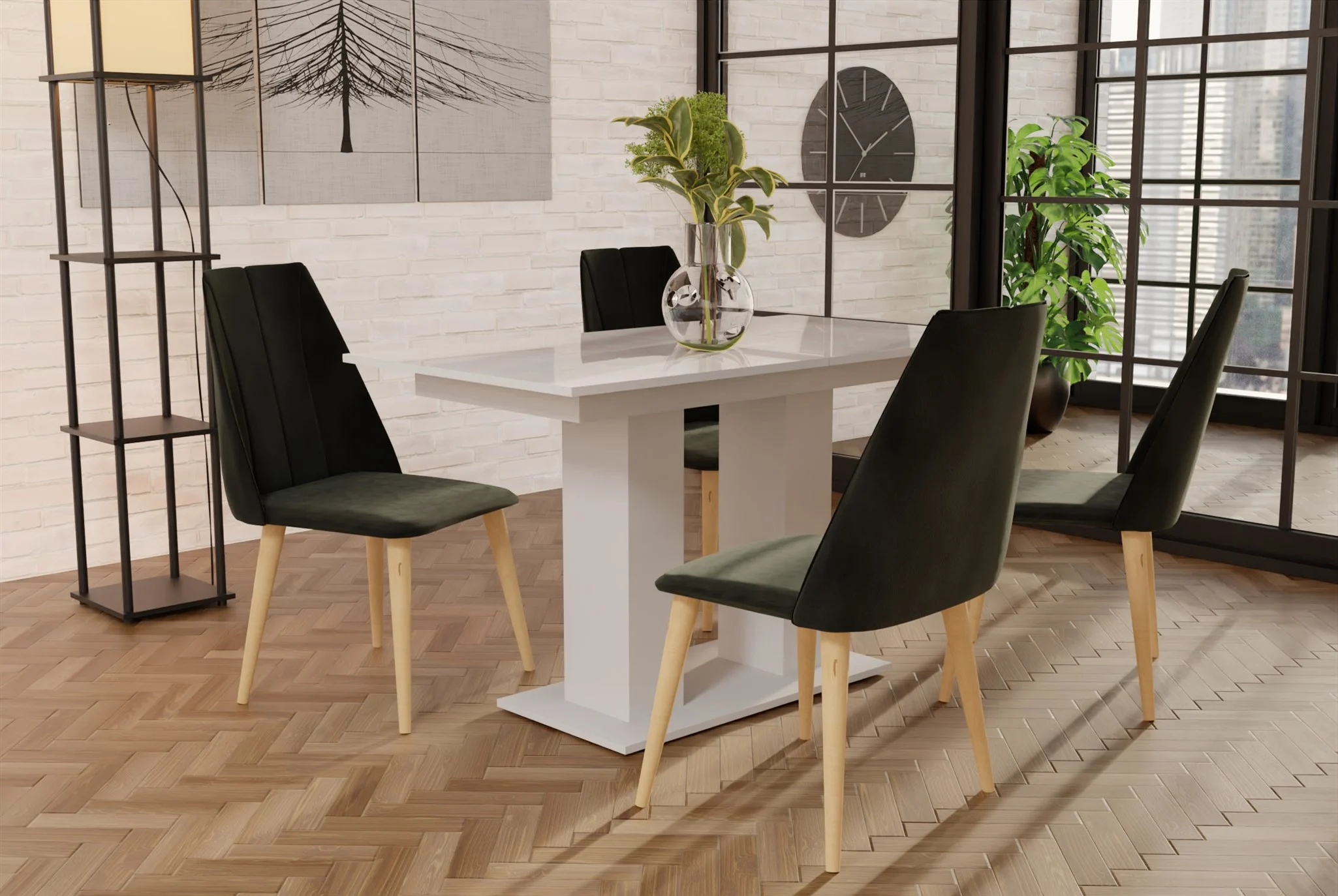 Essgruppe Weiss HGL-Tisch mit 4 Braun CAROS Stühlen für Esszimmer oder Küche