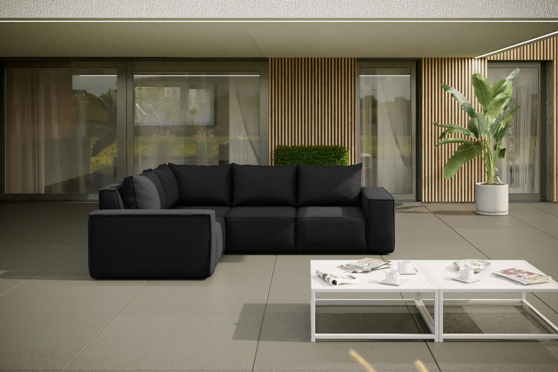 Garten Ecksofa GARDENT wetterfester Stoff NXL Schwarz kurzer Schenkel Links - Fun Moebel