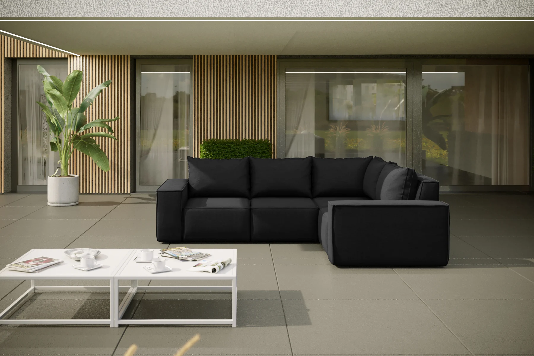 Garten Ecksofa GARDENT wetterfester Stoff NXL Schwarz kurzer Schenkel Rechts - Fun Moebel