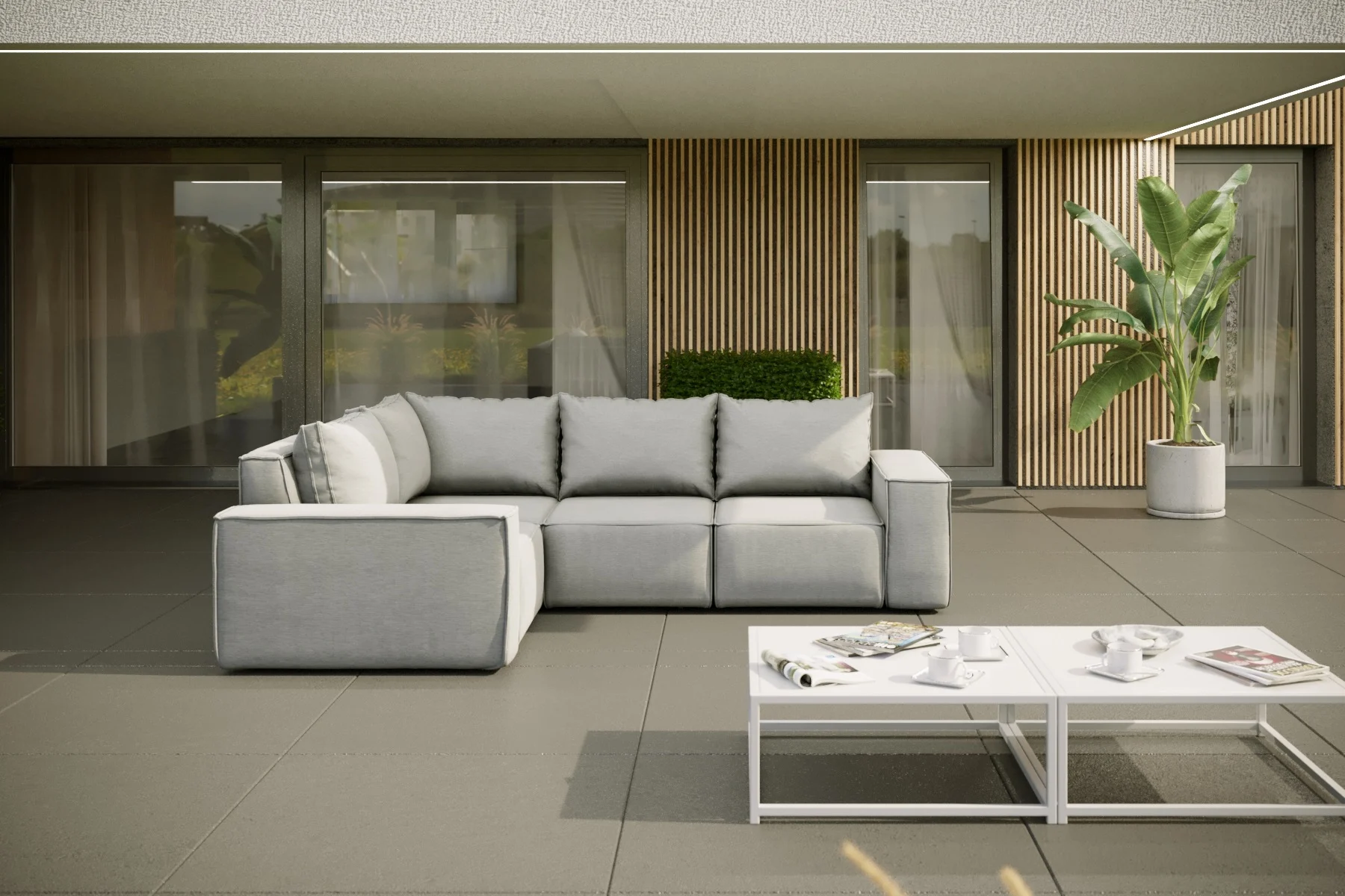 Garten Ecksofa GARDENT wetterfester Stoff NXL Hellgrau kurzer Schenkel Links - Fun Moebel