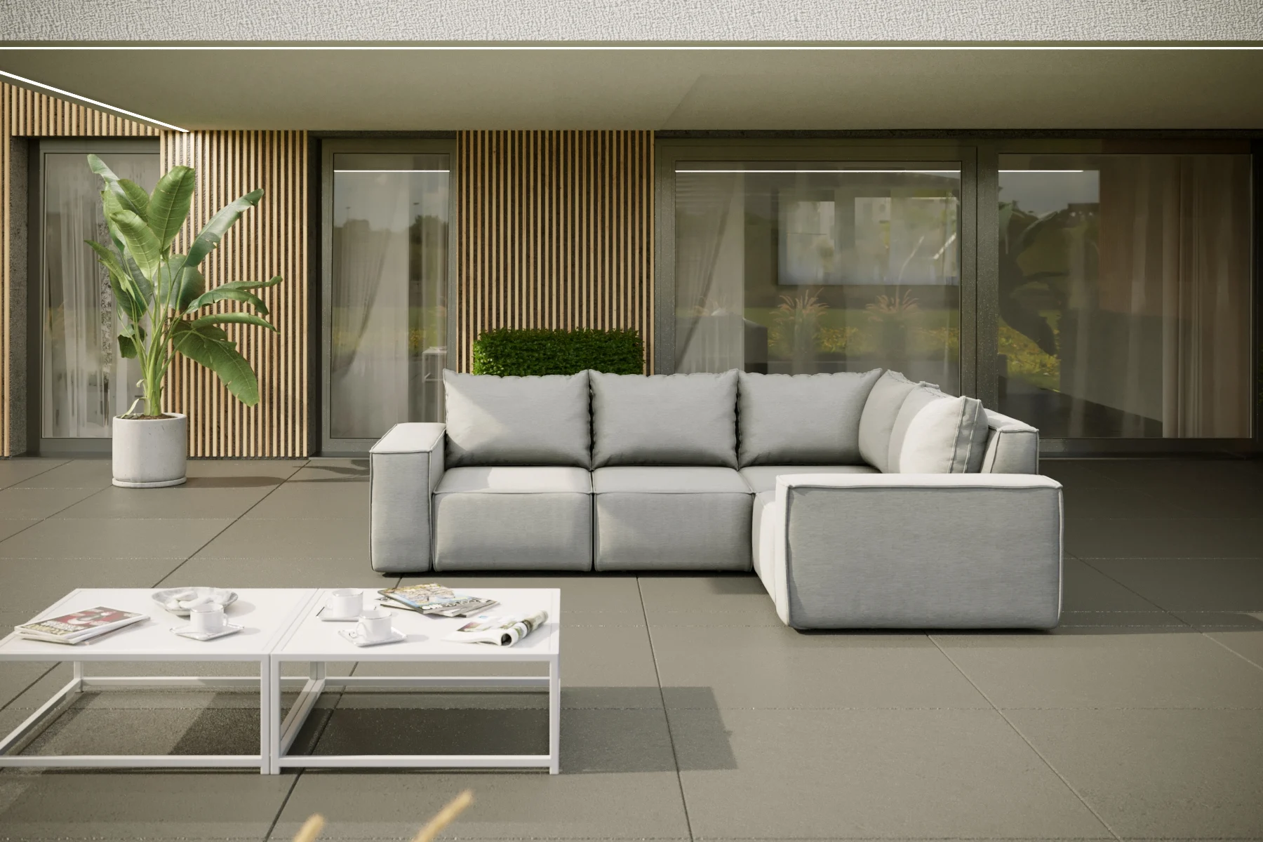 Garten Ecksofa GARDENT wetterfester Stoff NXL Hellgrau kurzer Schenkel Rechts - Fun Moebel
