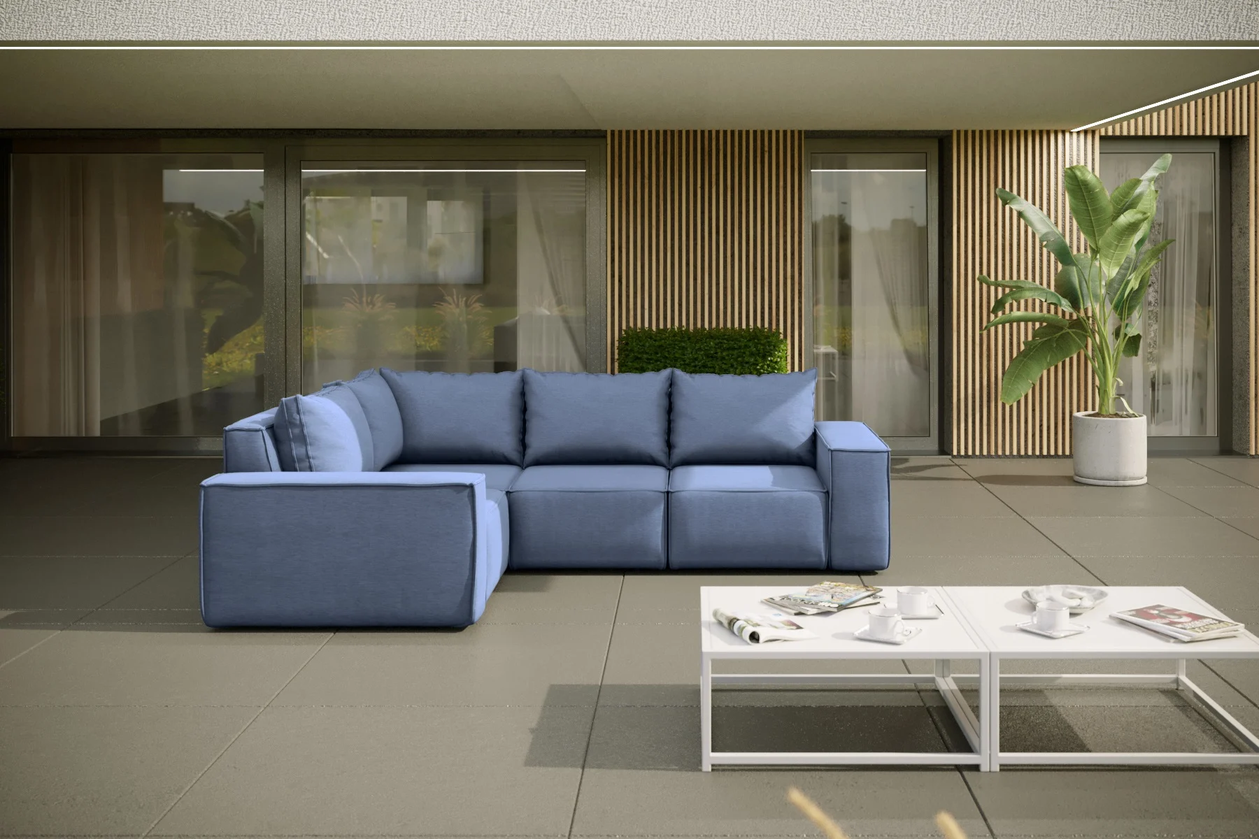 Garten Ecksofa GARDENT wetterfester Stoff NXL Blau kurzer Schenkel Links - Fun Moebel