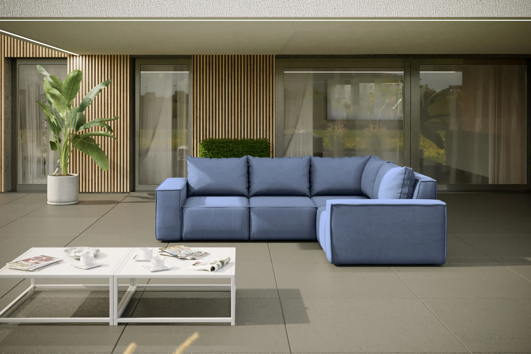 Garten Ecksofa GARDENT wetterfester Stoff NXL Blau kurzer Schenkel Rechts - Fun Moebel