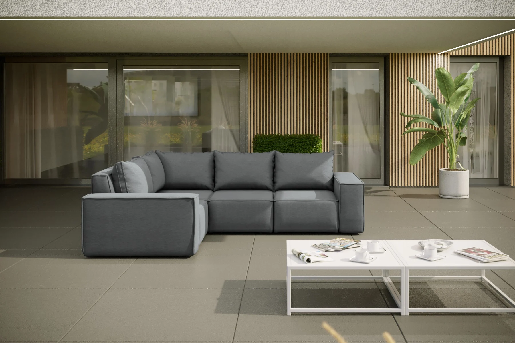 Garten Ecksofa GARDENT wetterfester Stoff NXL Grau kurzer Schenkel Links - Fun Moebel