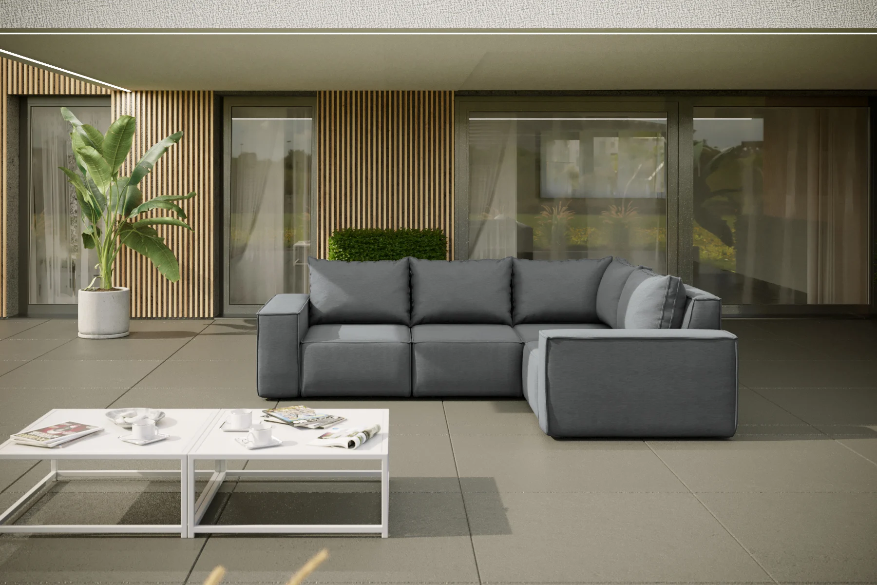 Garten Ecksofa GARDENT wetterfester Stoff NXL Grau kurzer Schenkel Rechts - Fun Moebel