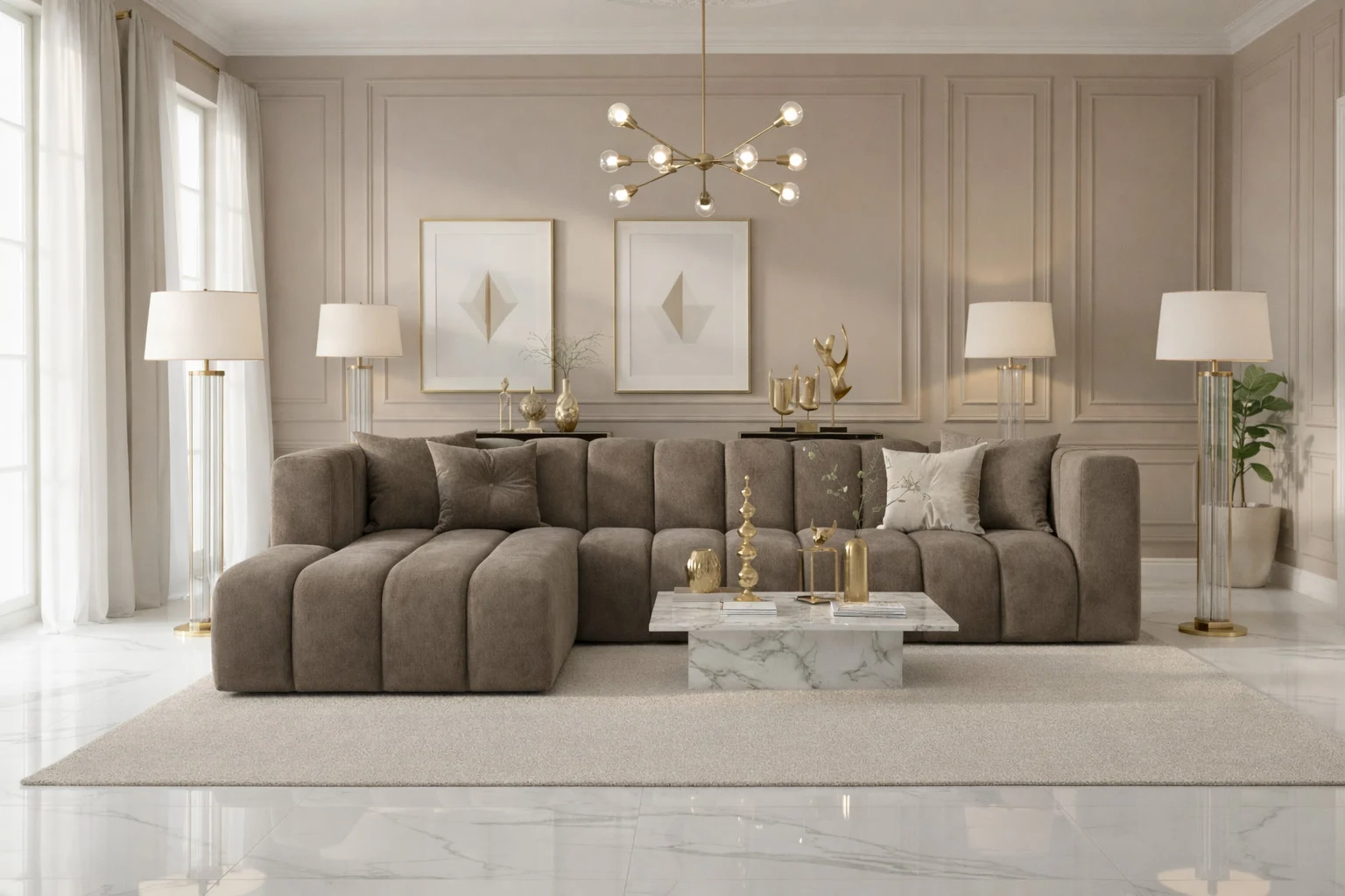 Samt-Ecksofa Grand L 318 cm moderne modulare Designer-Sofa fürs Wohnzimmer – Dunkelbeige