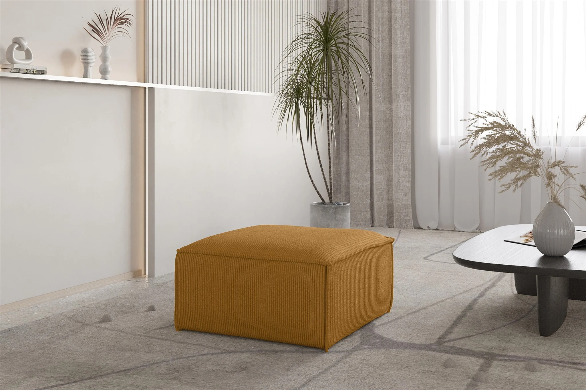 Polsterhocker Designerhocker CELES PREMIUM 65x65 cm in Stoff Scala Senfgelb - Fun Möbel