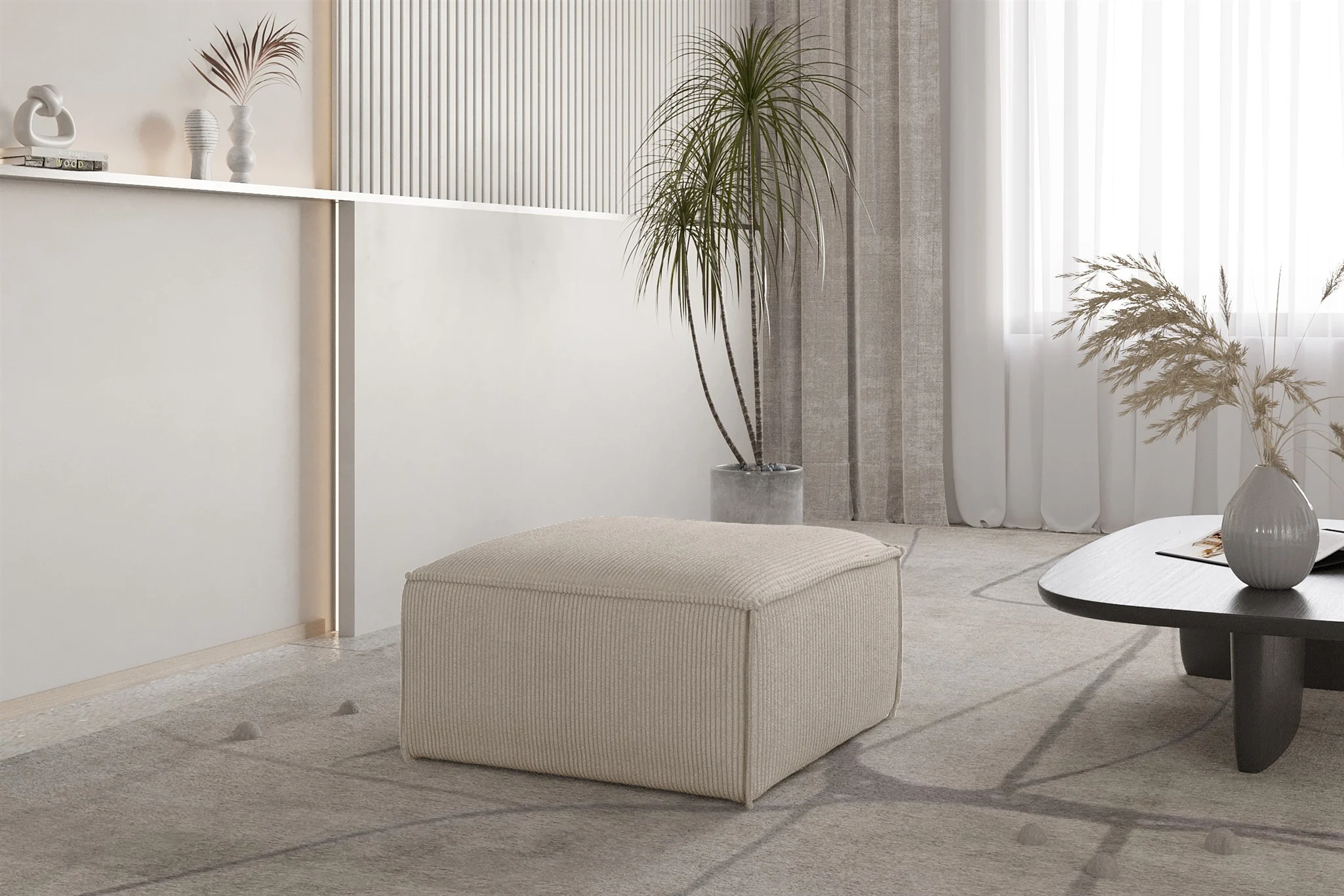 Polsterhocker Designerhocker CELES PREMIUM 65x65 cm in Stoff Scala Hellbeige - Fun Möbel