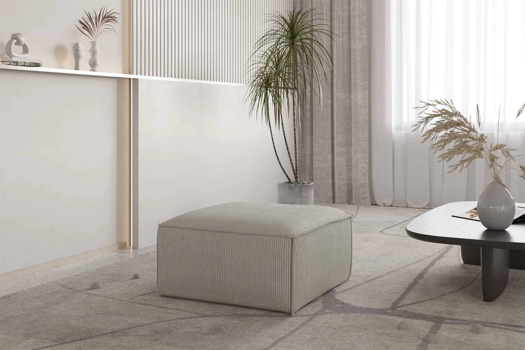 Polsterhocker Designerhocker CELES PREMIUM 65x65 cm in Stoff Scala Sandgrau - Fun Möbel
